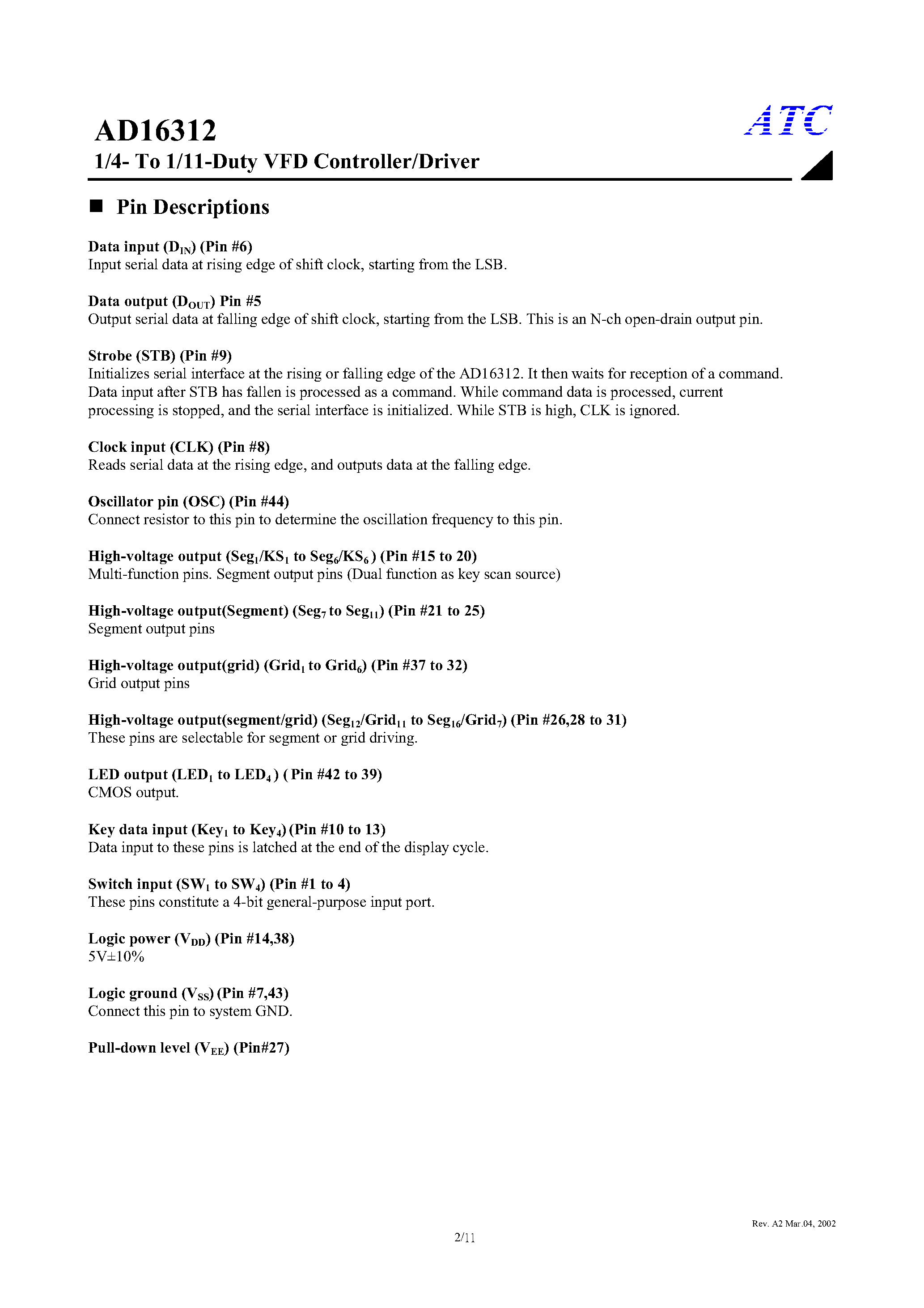 Datasheet AD16312 - 1/4- TO 1/11-DUTY VFD CONTROLLER/DRIVER page 2