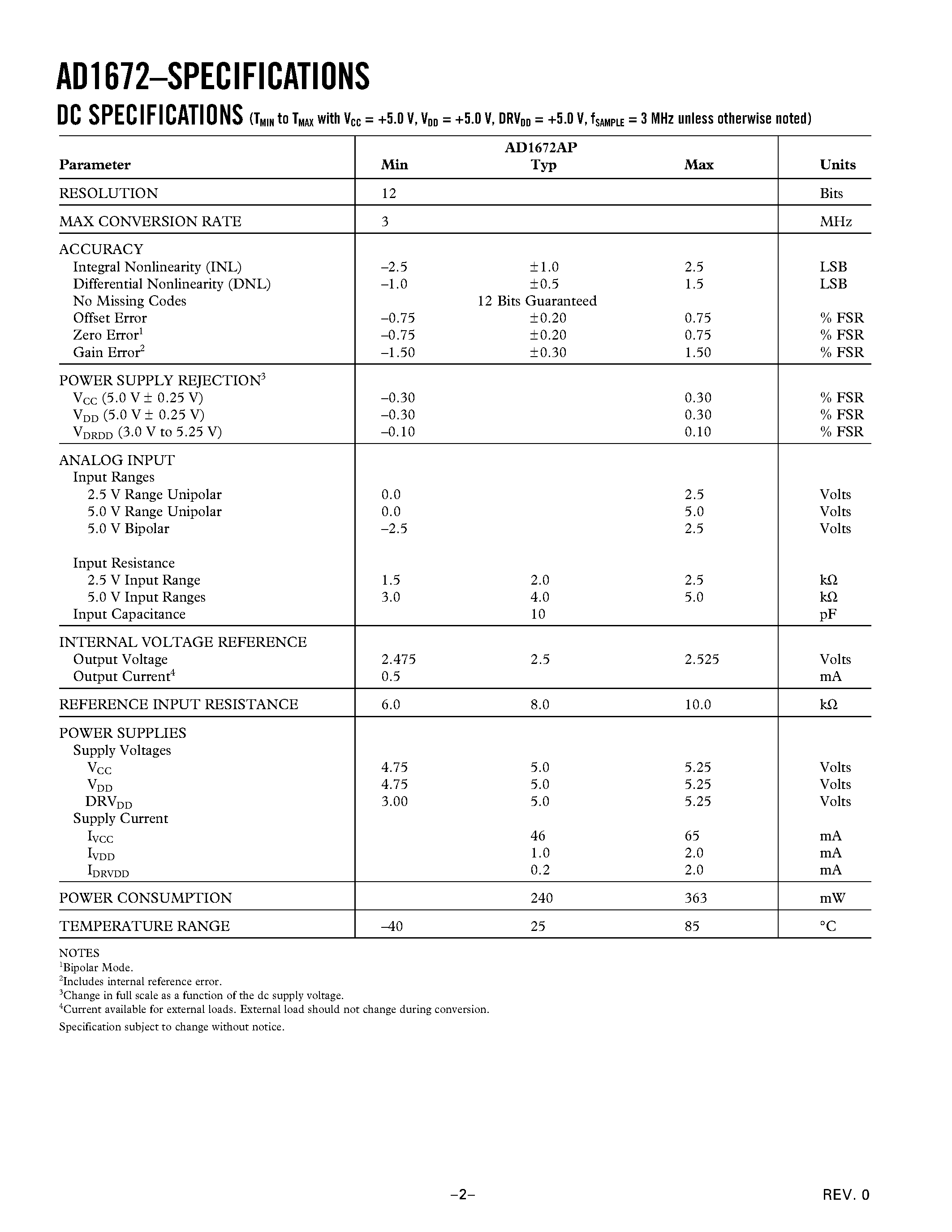 Даташит на микросхему AD1672 страница 2 Даташит AD1672 - Complete 12-Bit/ 3 MSPS Monolithic A/D Converter страница 2