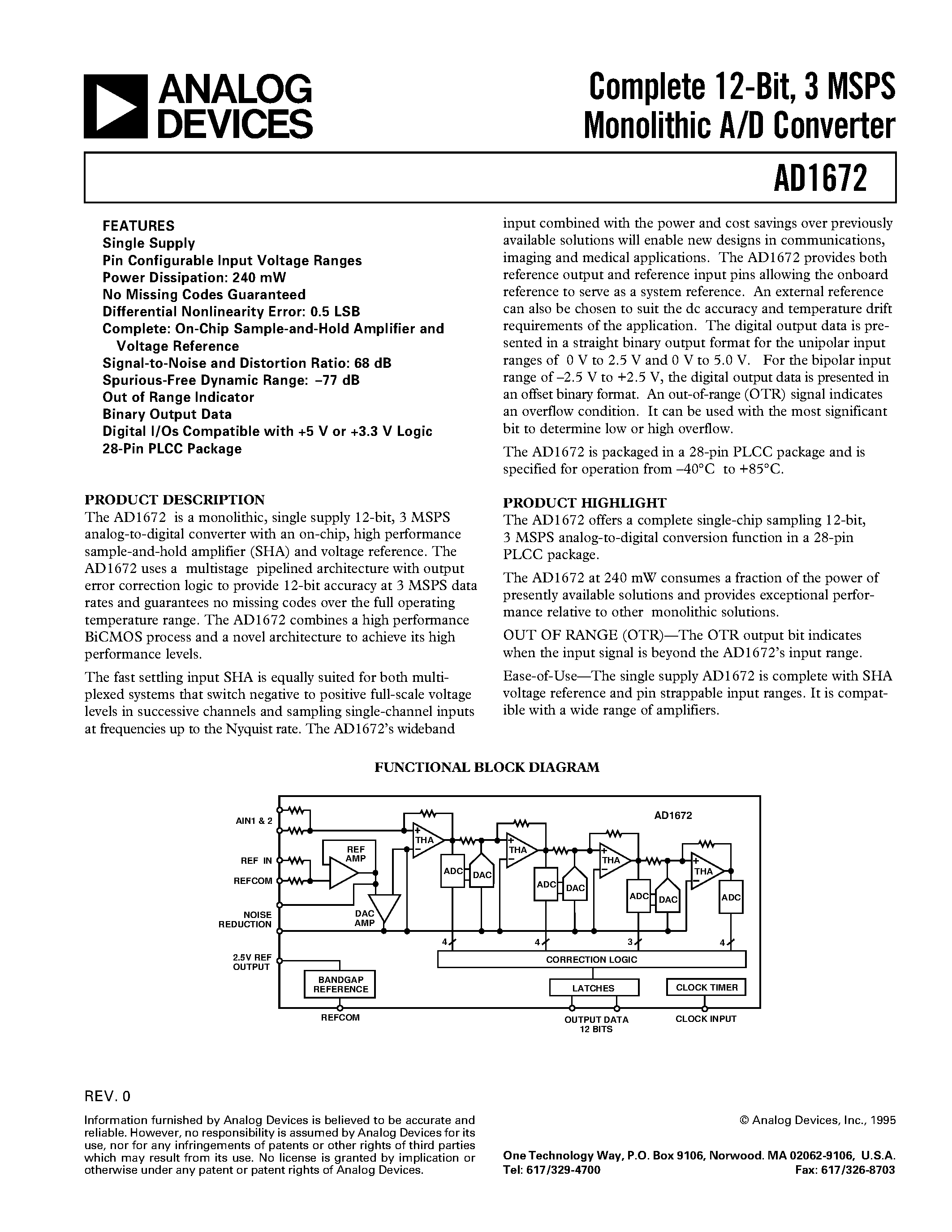 Даташит AD1672AP - Complete 12-Bit/ 3 MSPS Monolithic A/D Converter страница 1