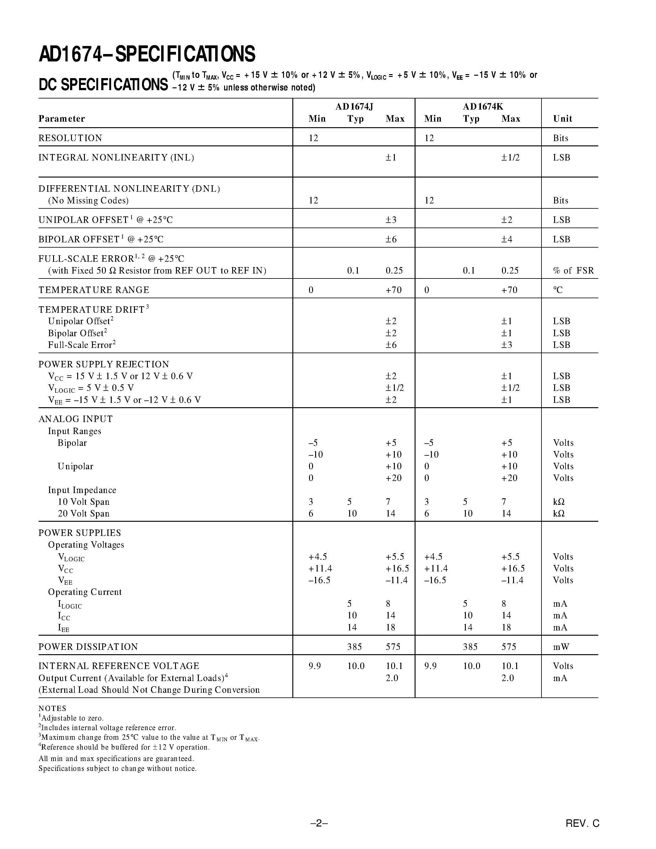 Datasheet AD1674A - 12-Bit 100 kSPS A/D Converter page 2