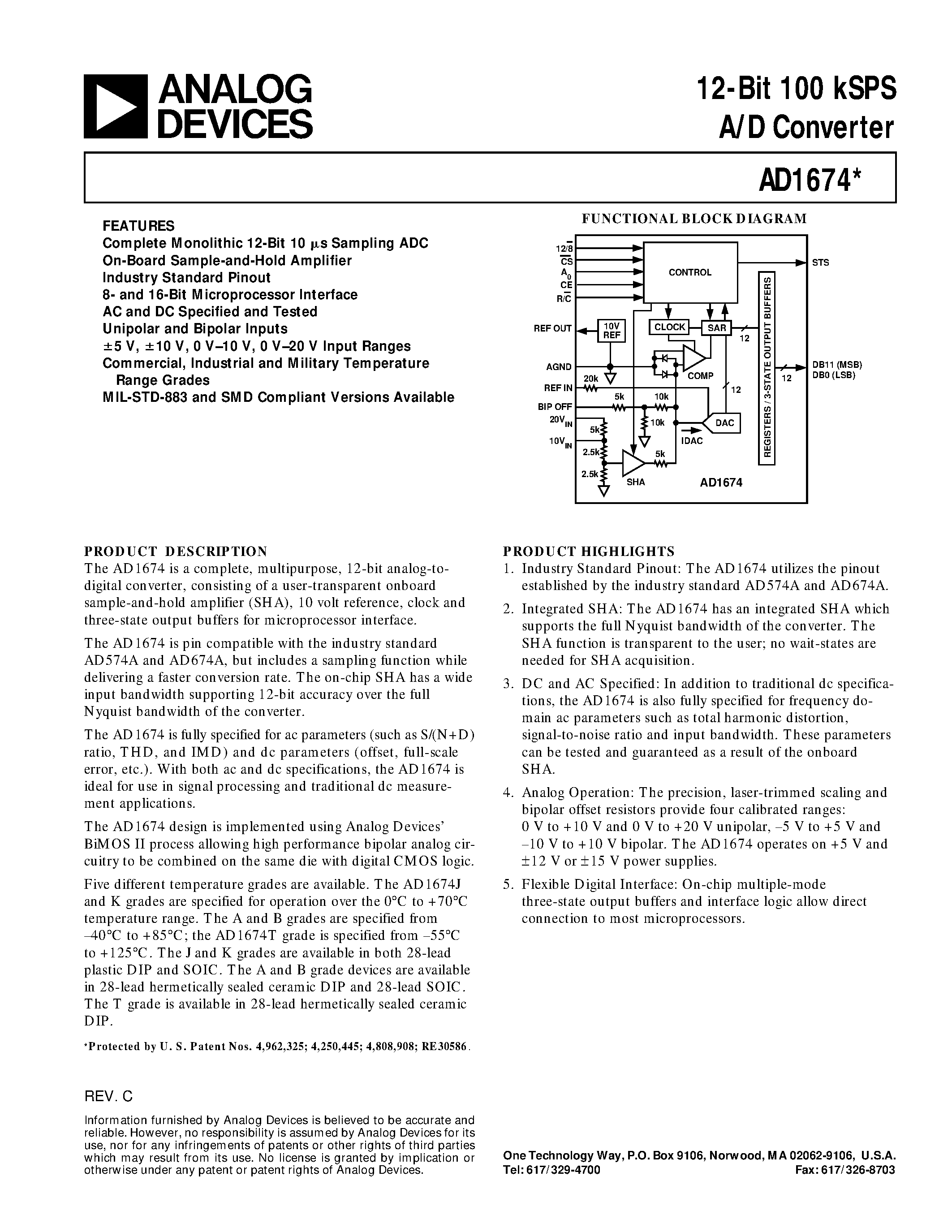 Даташит на микросхему AD1674BD страница 1 Даташит AD1674BD - 12-Bit 100 kSPS A/D Converter страница 1
