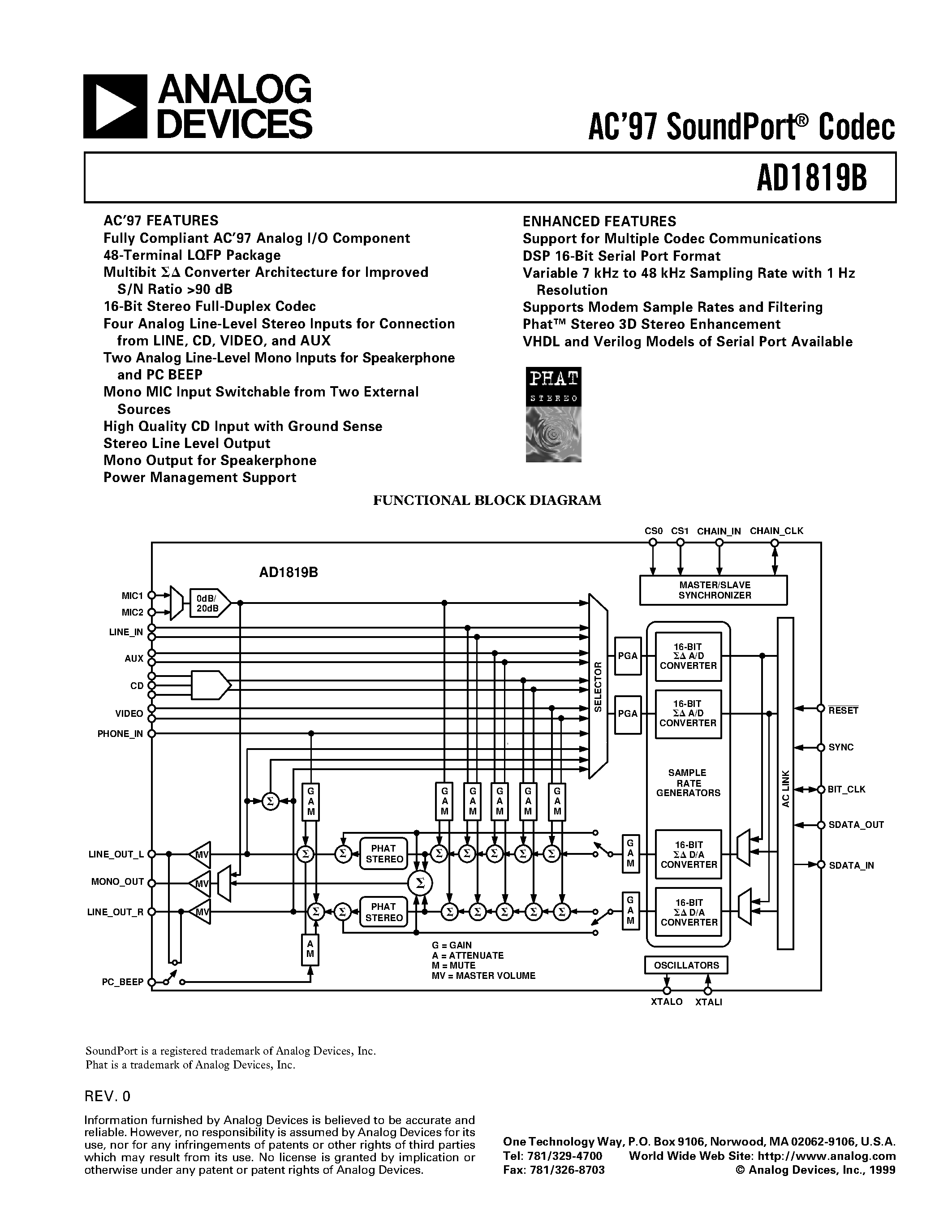 Даташит AD1819 - AC97 SoundPort Codec страница 1