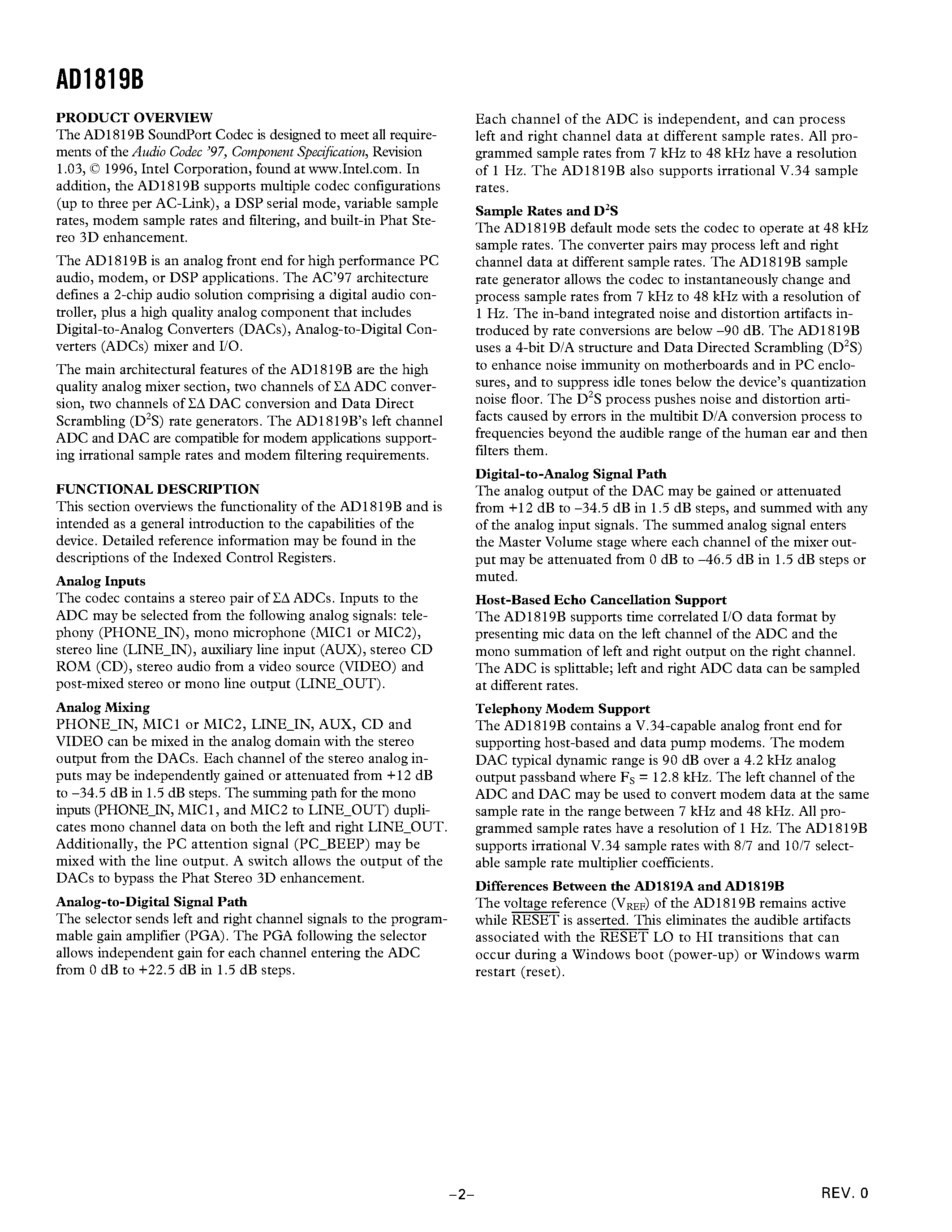 Datasheet AD1819BJST page 2 Datasheet AD1819BJST - AC97 SoundPort Codec page 2