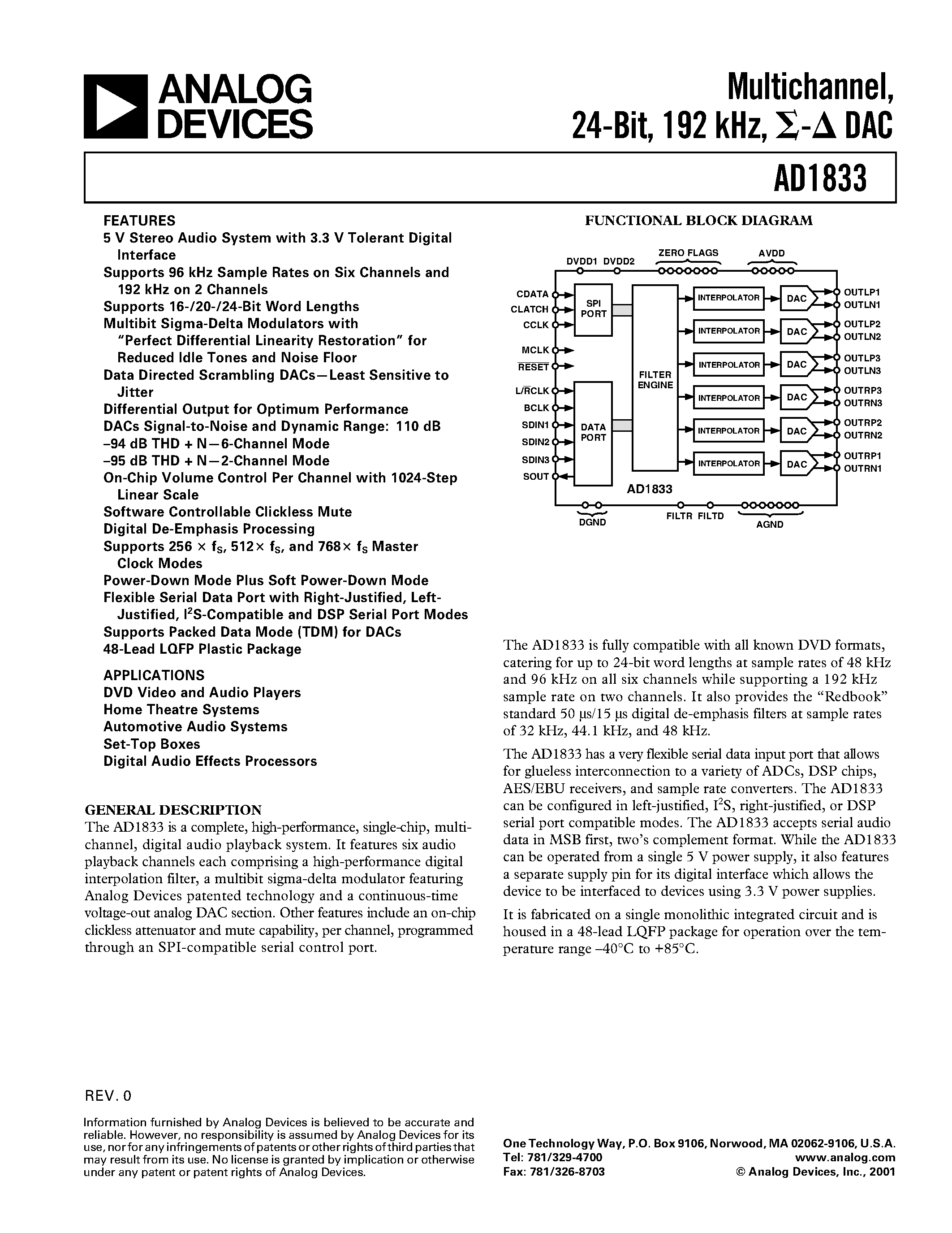 Datasheet AD1833 - Multichannel 24-Bit/ 192 kHz/ DAC page 1
