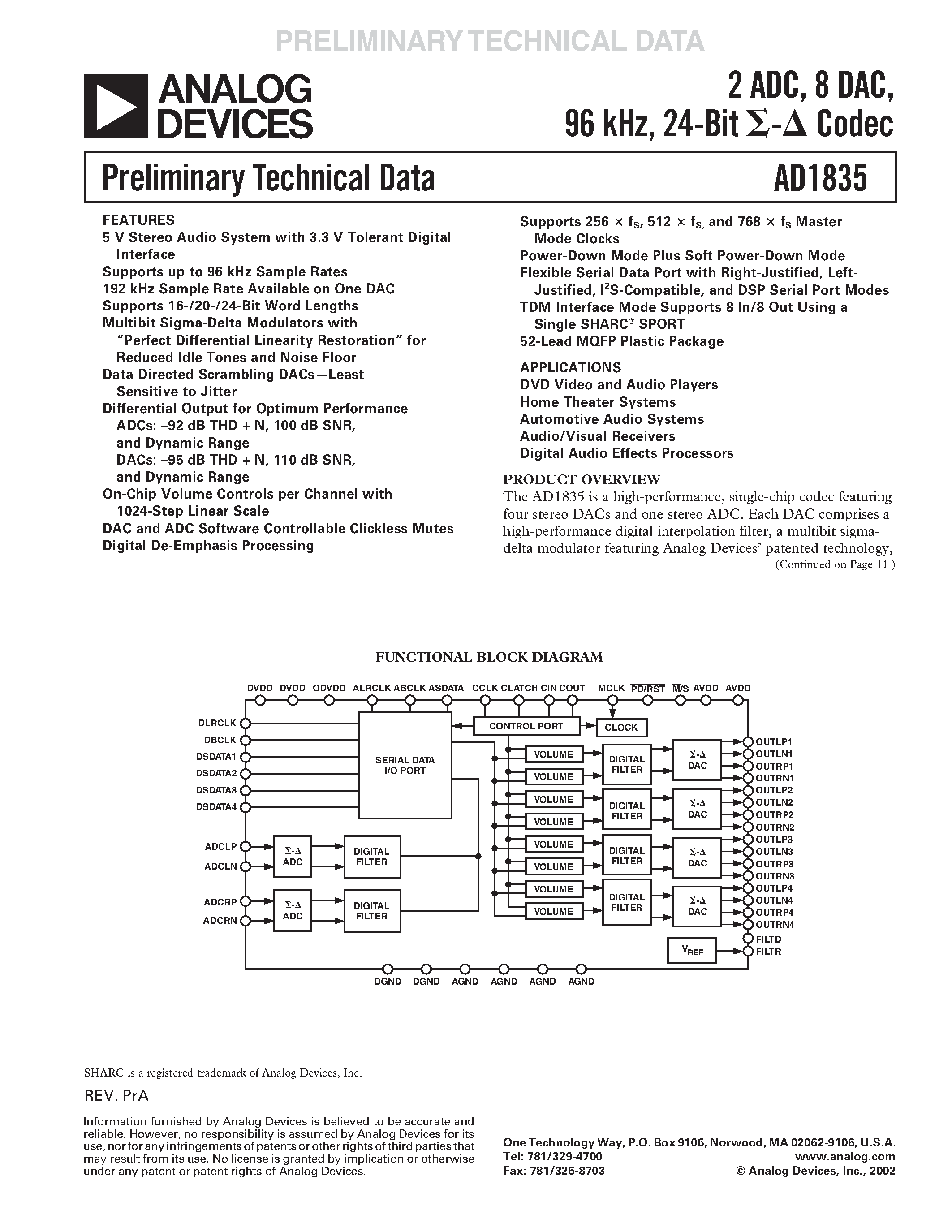 Datasheet AD1835 - 2 ADC/ 8 DAC/ 96 kHz/ 24-Bit Codec page 1