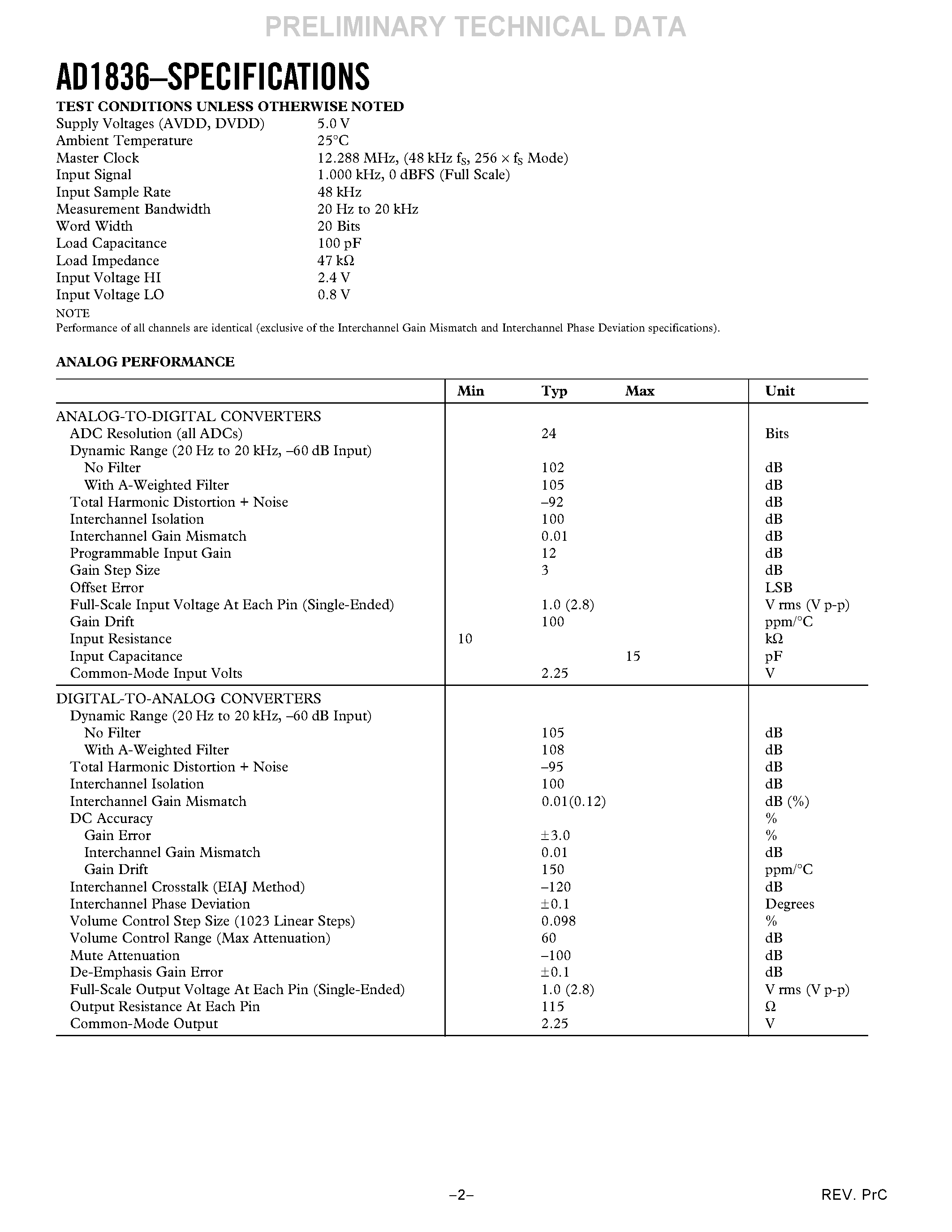 Datasheet AD1836A - Multichannel 96 kHz Codec page 2