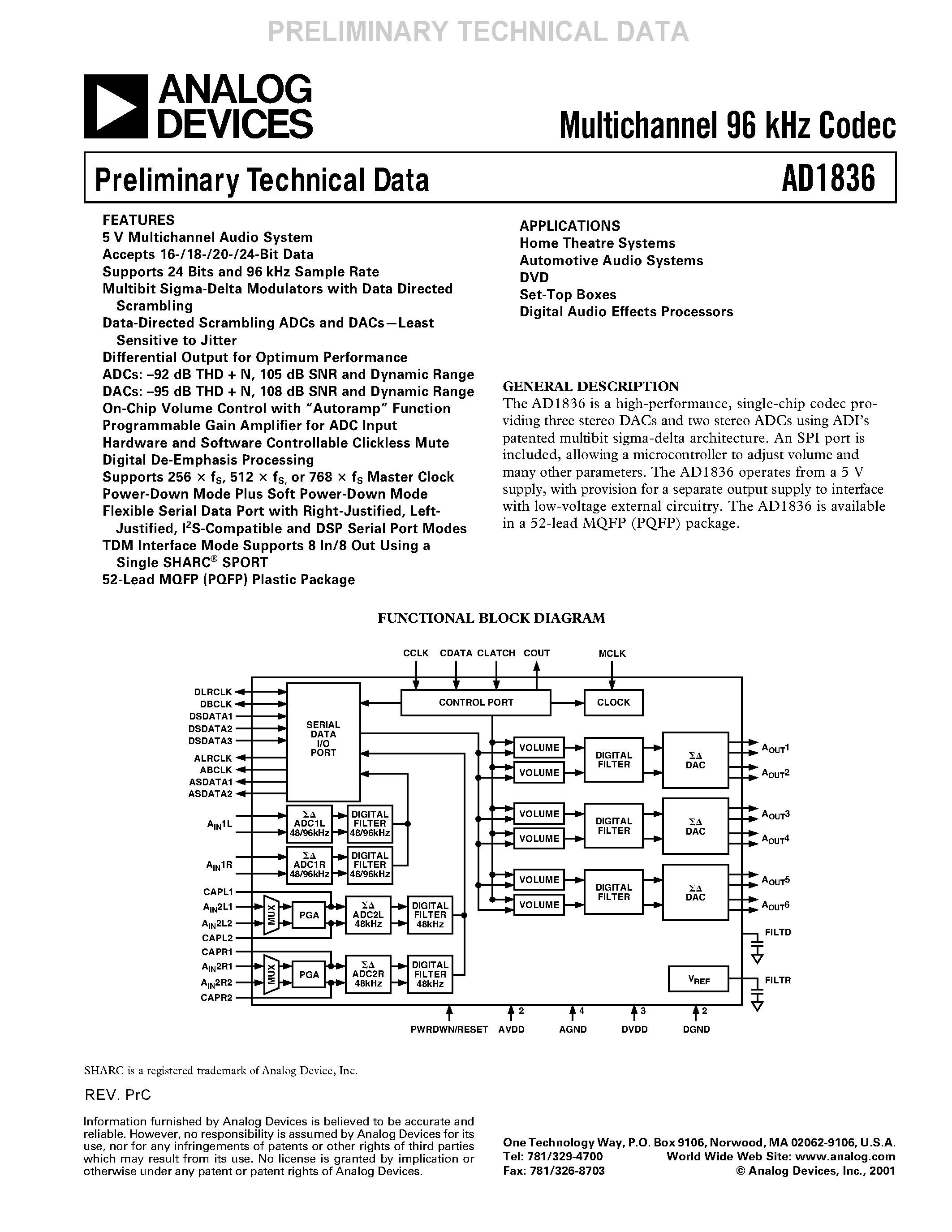 Datasheet AD1836AS page 1 Datasheet AD1836AS - Multichannel 96 kHz Codec page 1