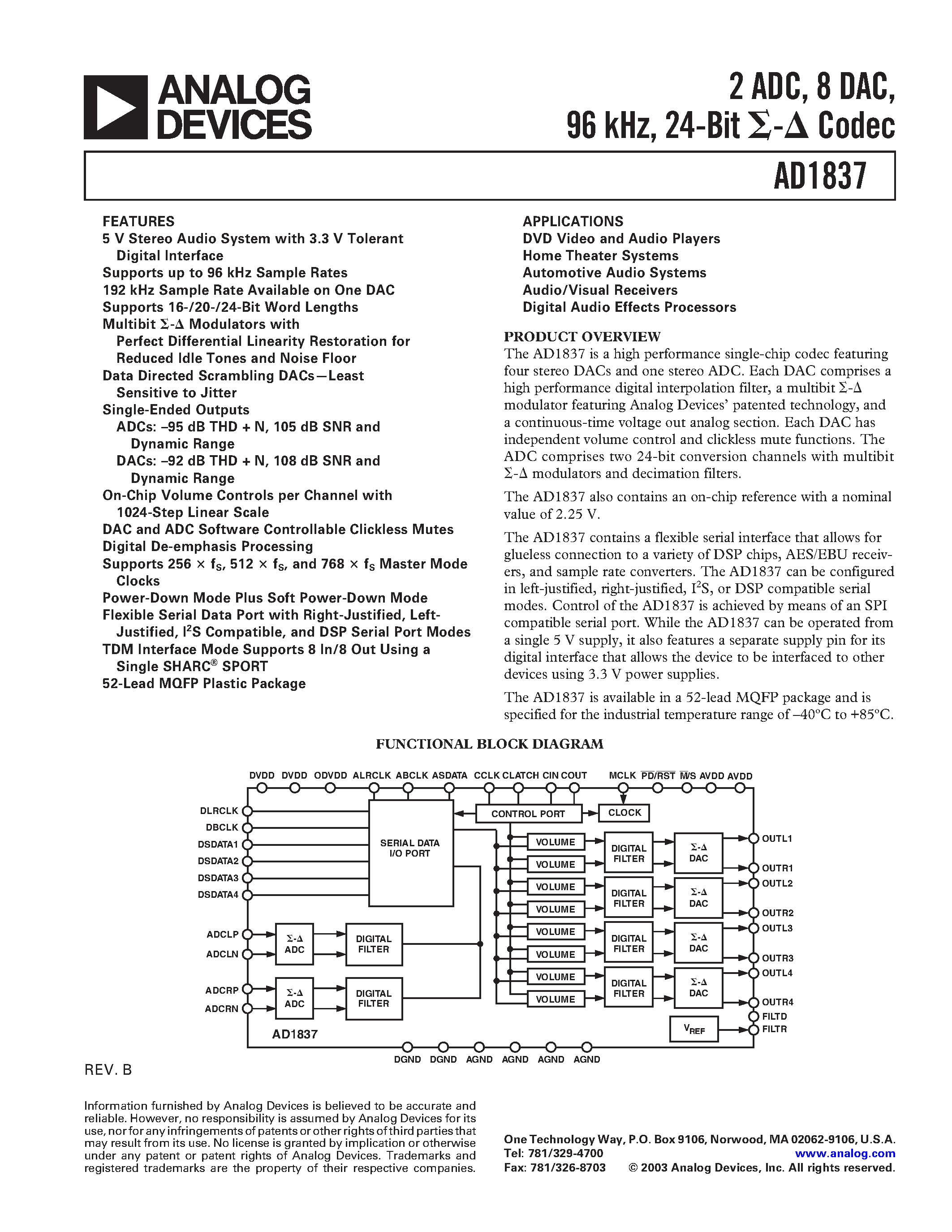 Datasheet AD1837AS - 2 ADC/ 8 DAC/ 96 kHz/ 24-Bit Codec page 1
