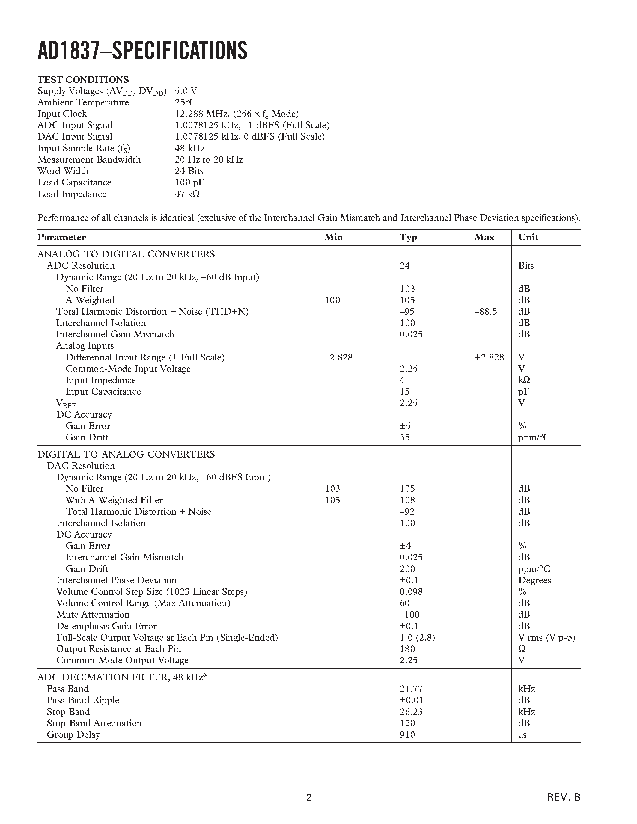 Datasheet AD1837AS-REEL - 2 ADC/ 8 DAC/ 96 kHz/ 24-Bit Codec page 2