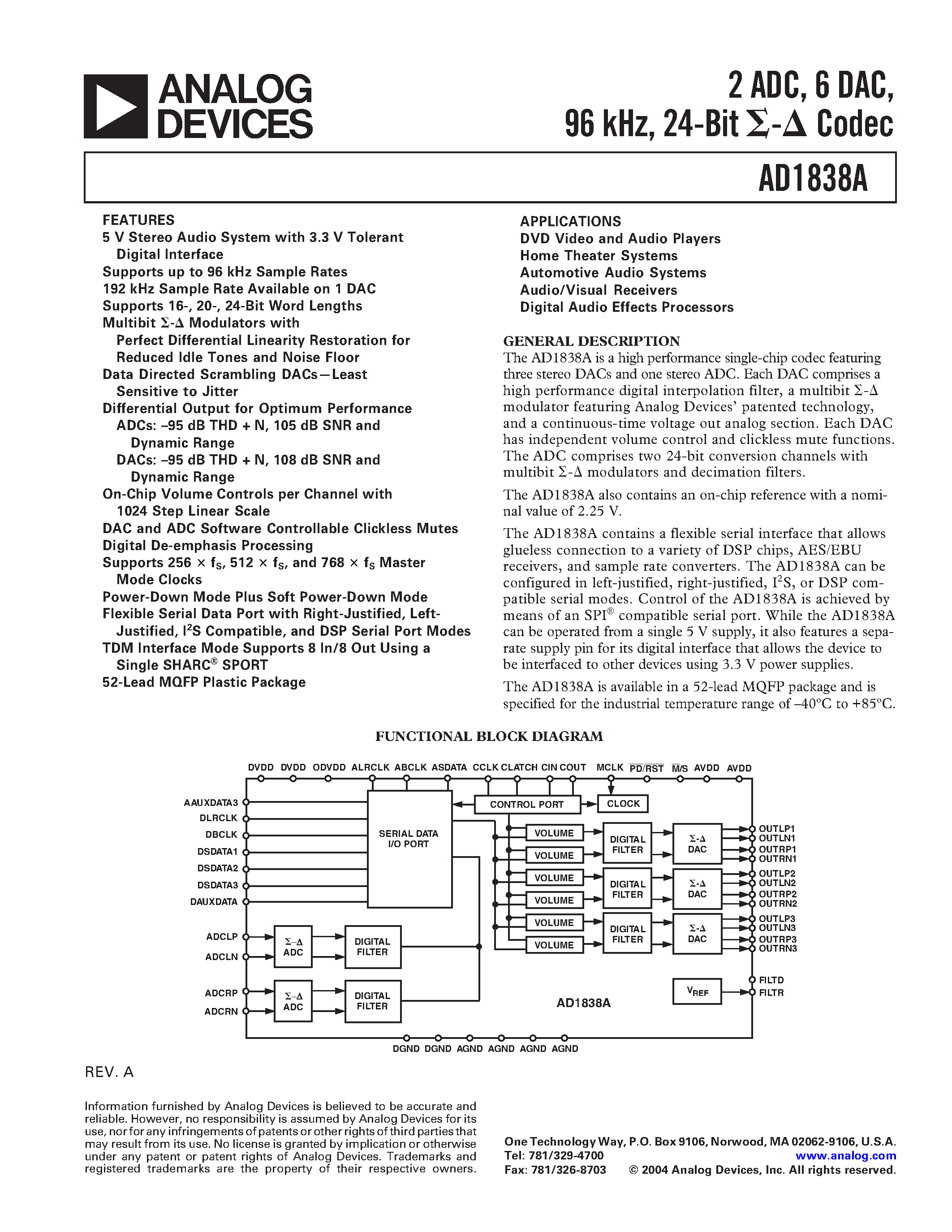 Даташит AD1838AAS - 2 ADC/ 6 DAC/ 96KHZ 24 BIT CODEC страница 1