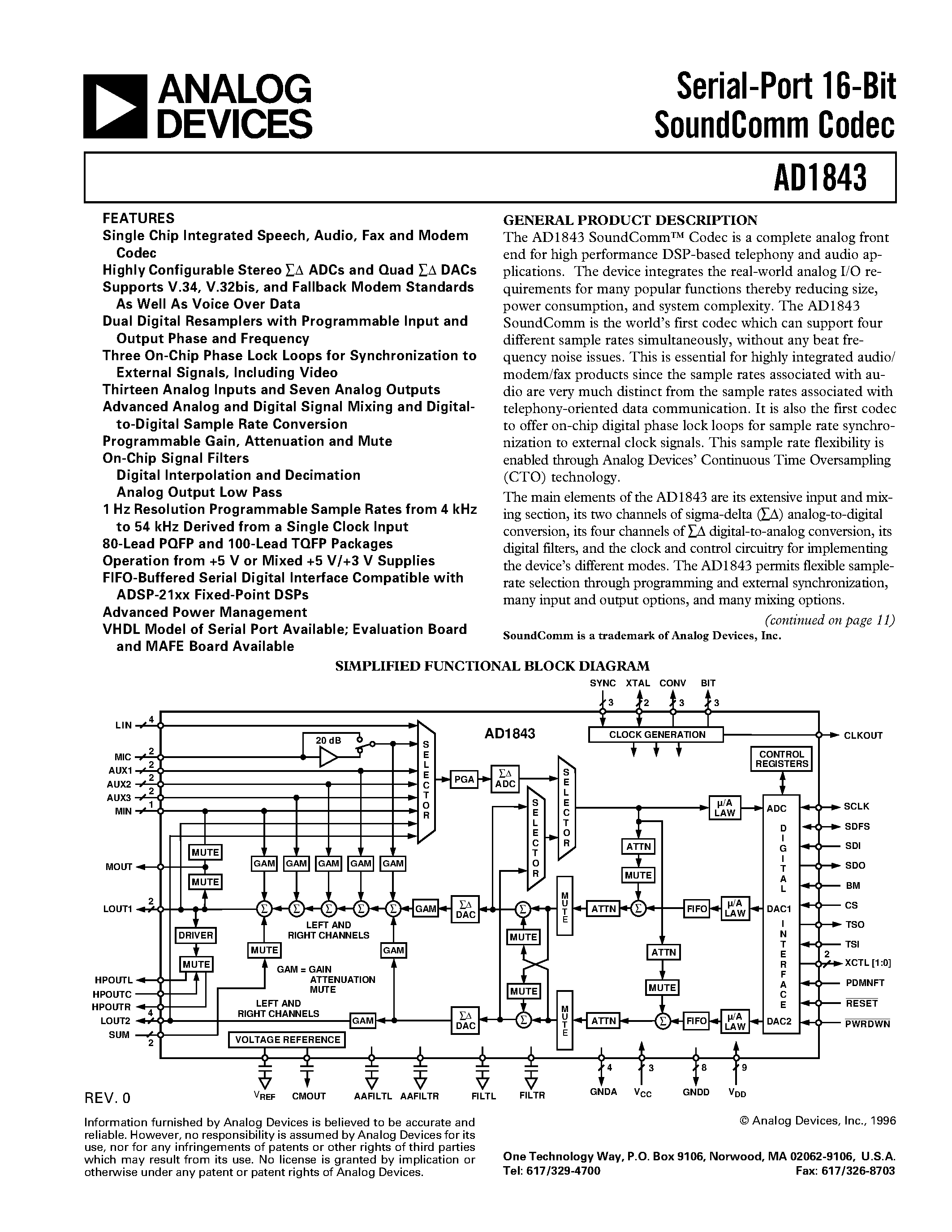Datasheet AD1843 - Serial-Port 16-Bit SoundComm Codec page 1