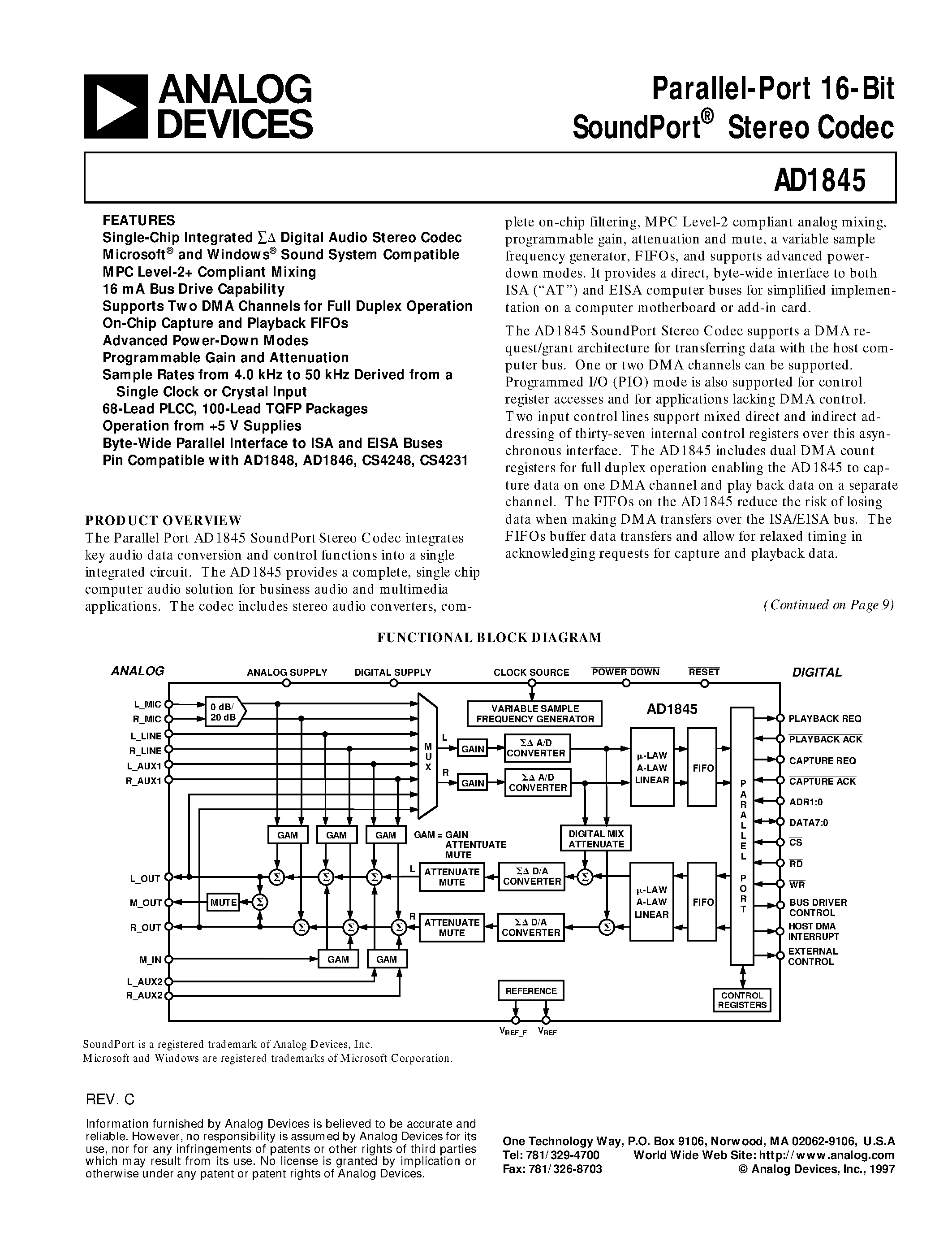 Datasheet AD1845JP - Parallel-Port 16-Bit SoundPort Stereo Codec page 1