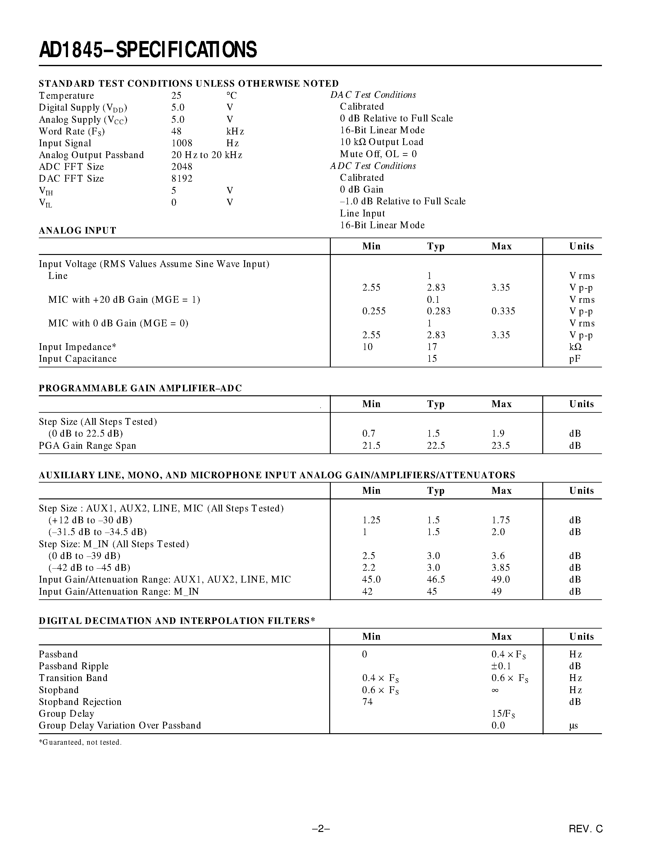 Datasheet AD1845JST - Parallel-Port 16-Bit SoundPort Stereo Codec page 2