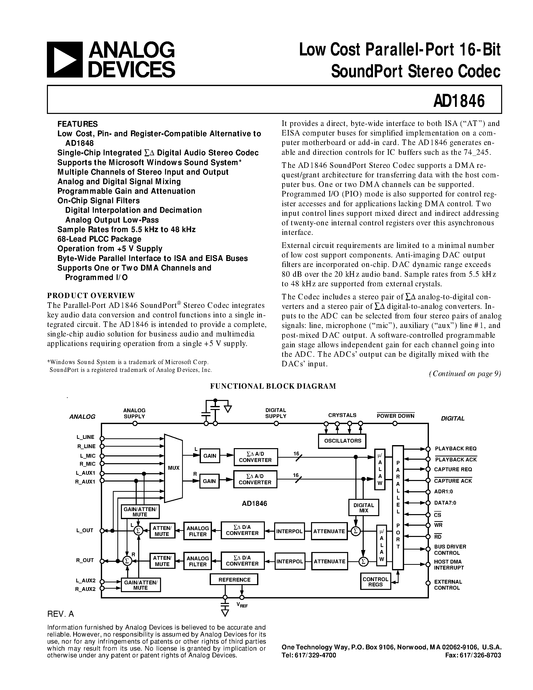 Datasheet AD1846 page 1 Datasheet AD1846 - Low Cost Parallel-Port 16-Bit SoundPort Stereo Codec page 1