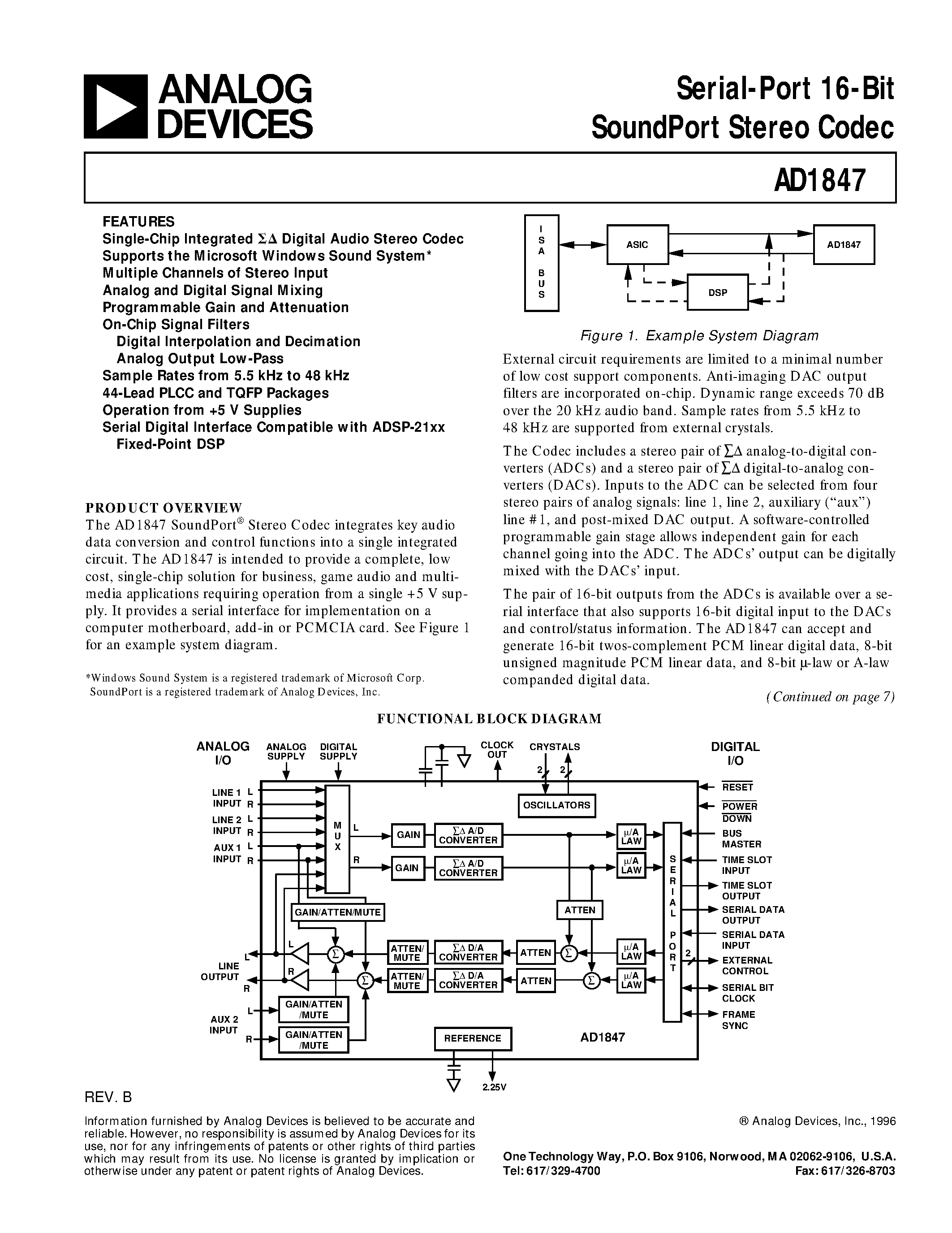 Datasheet AD1847 - Serial-Port 16-Bit SoundPort Stereo Codec page 1