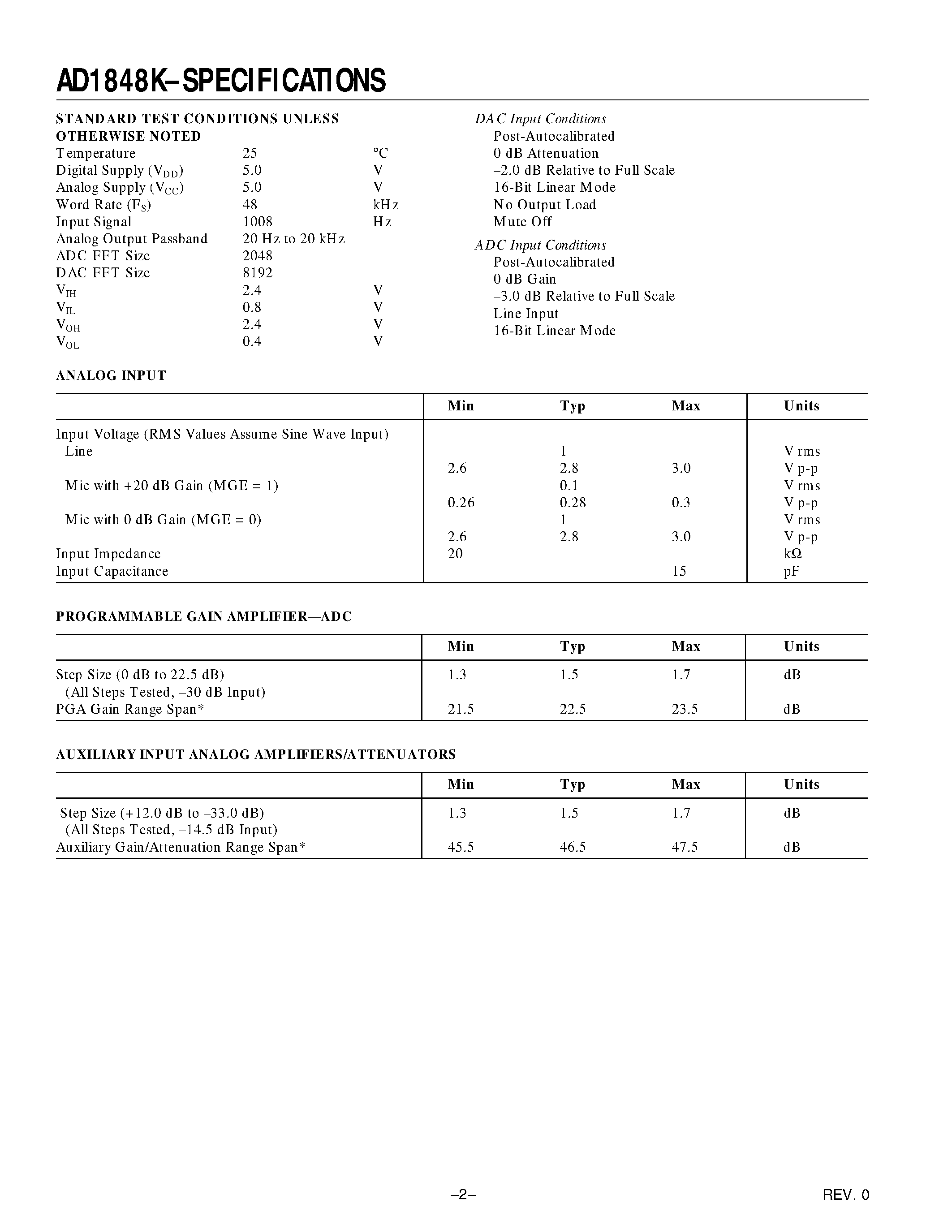 Datasheet AD1848K - Parallel-Port 16-Bit SoundPort Stereo Codec page 2