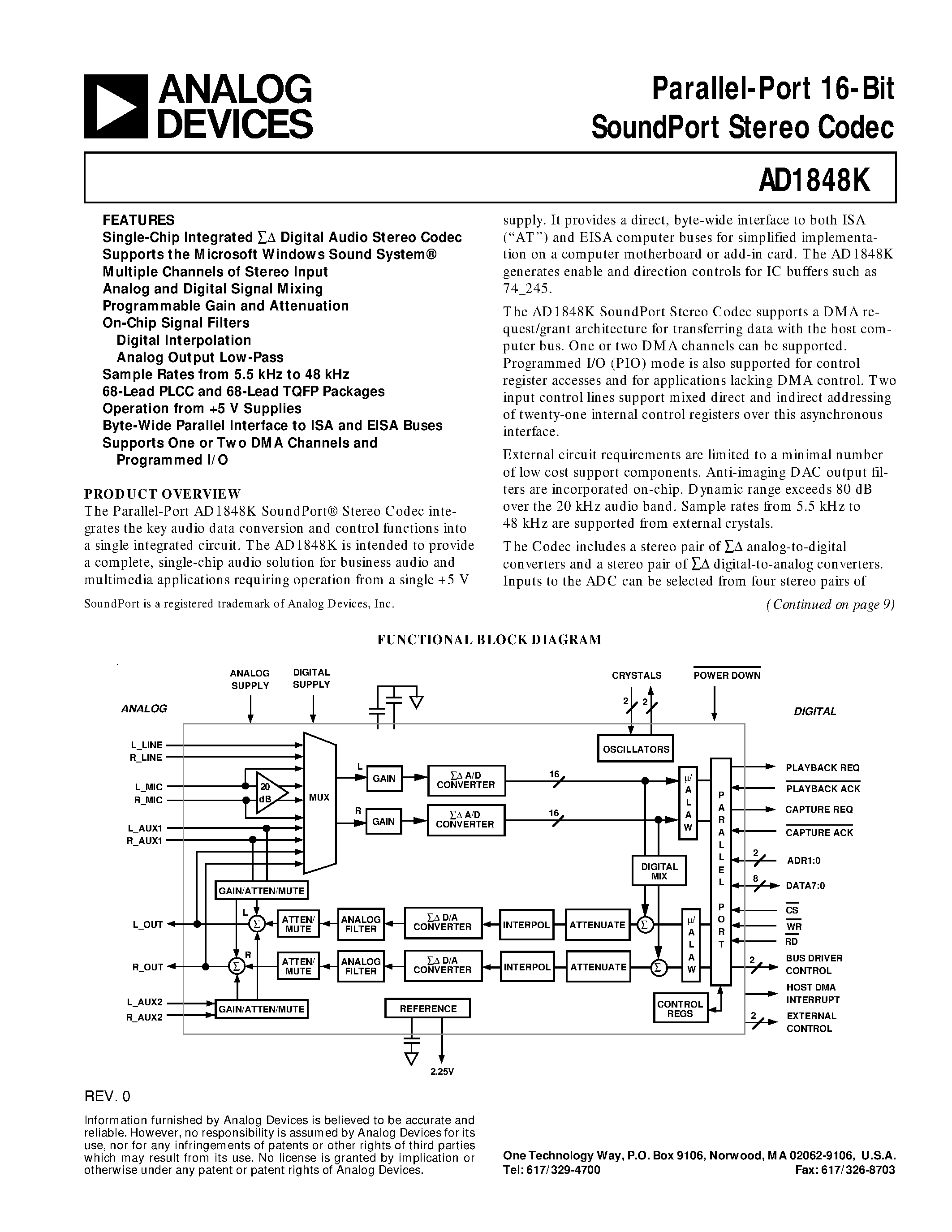 Datasheet AD1849 - Parallel-Port 16-Bit SoundPort Stereo Codec page 1