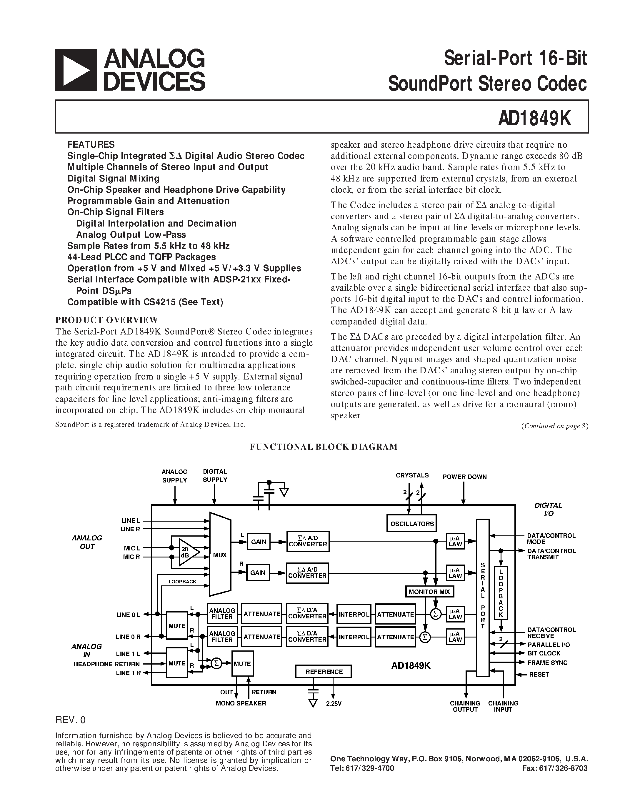 Даташит AD1849KP - Serial-Port 16-Bit SoundPort Stereo Codec страница 1