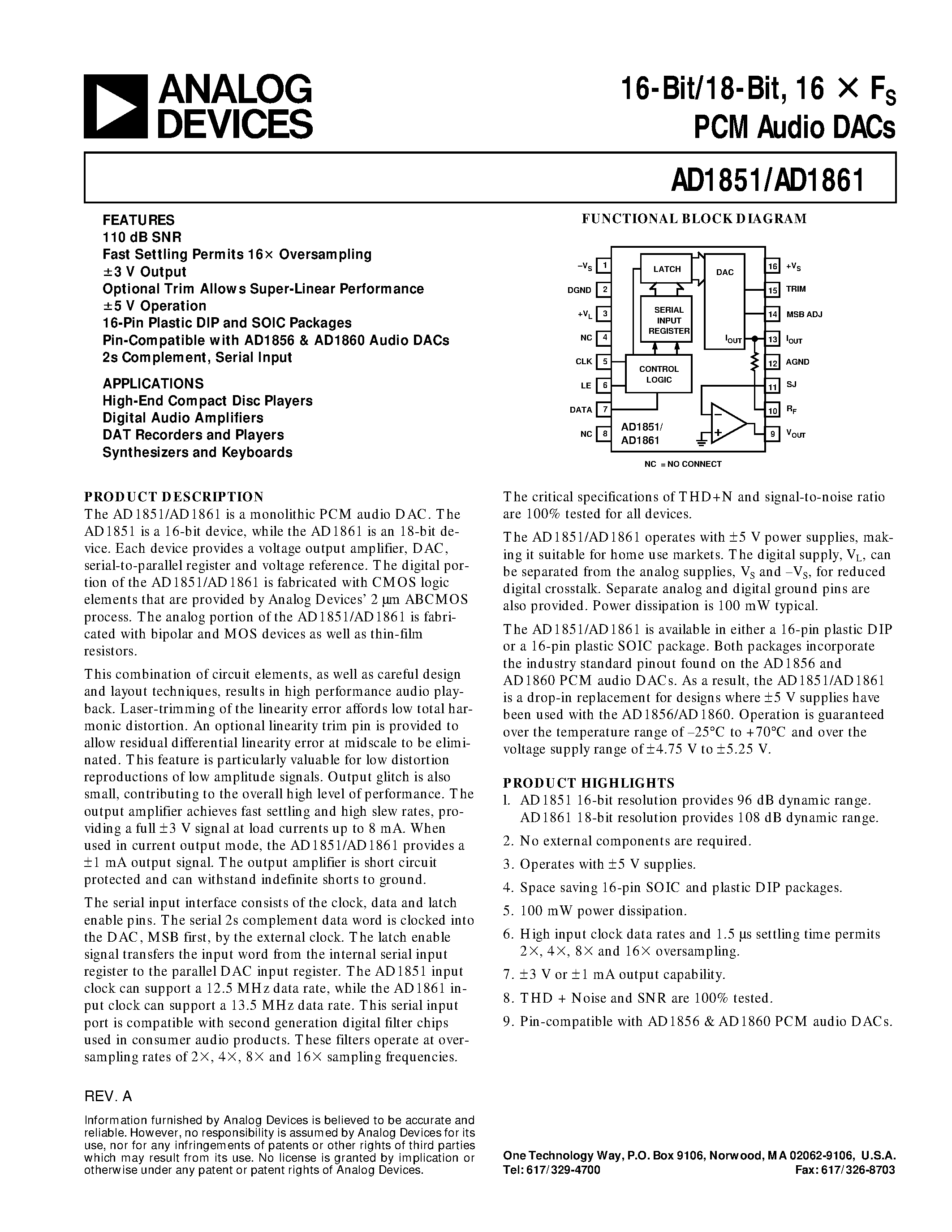 Datasheet AD1851N-J - 16-Bit/18-Bit/ 16 X Fs PCM Audio DACs page 1