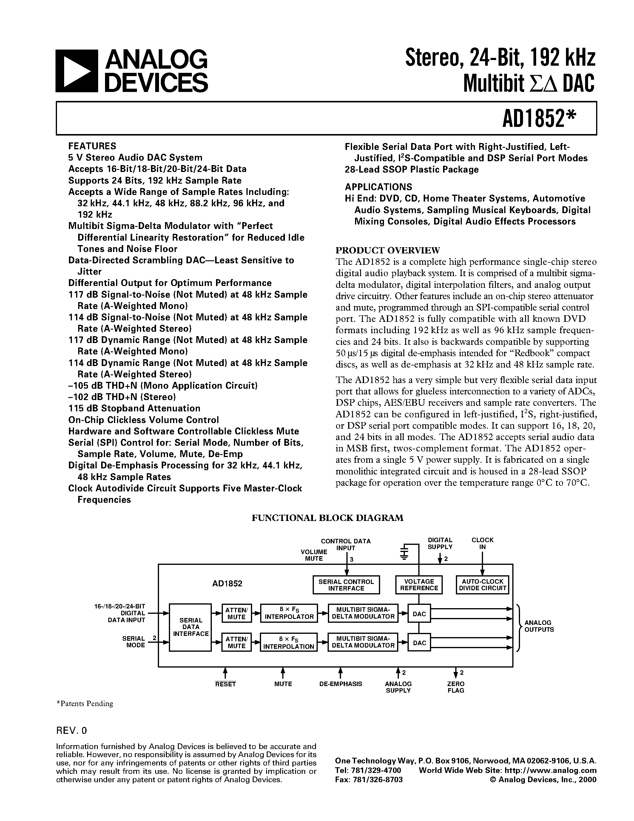 Datasheet AD1852 - Stereo/ 24-Bit/ 192 kHz Multibit DAC page 1