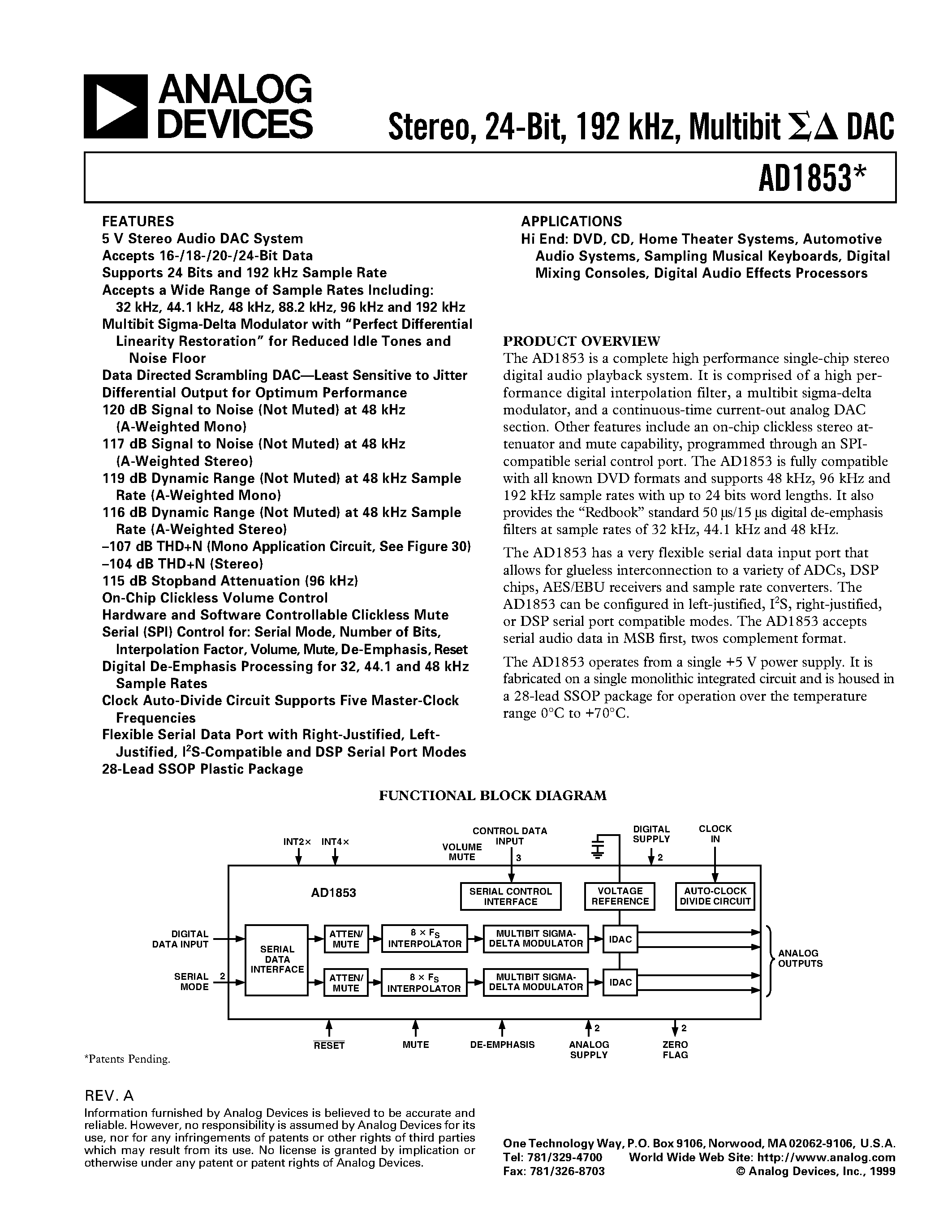 Datasheet AD1853JRSRL - Stereo/ 24-Bit/ 192 kHz/ Multibit DAC page 1