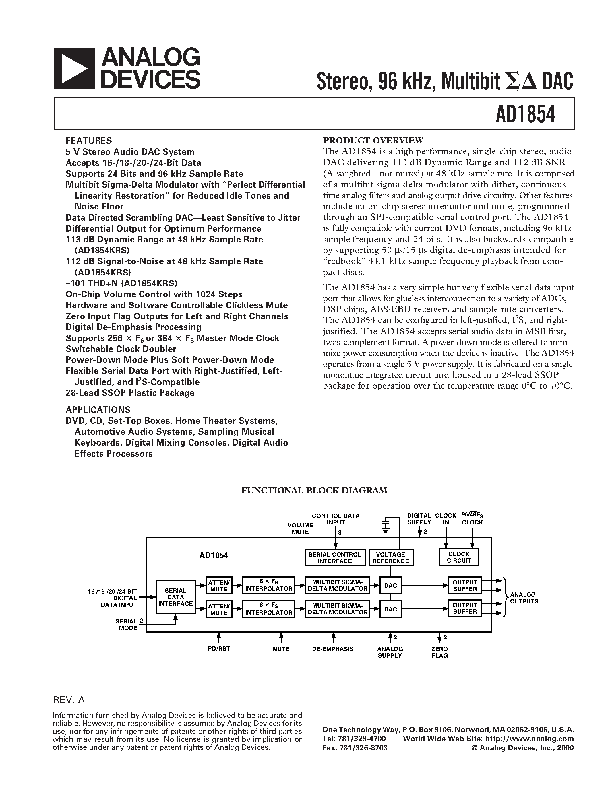 Datasheet AD1854JRSRL - Stereo/ 96 kHz/ Multibit DAC page 1