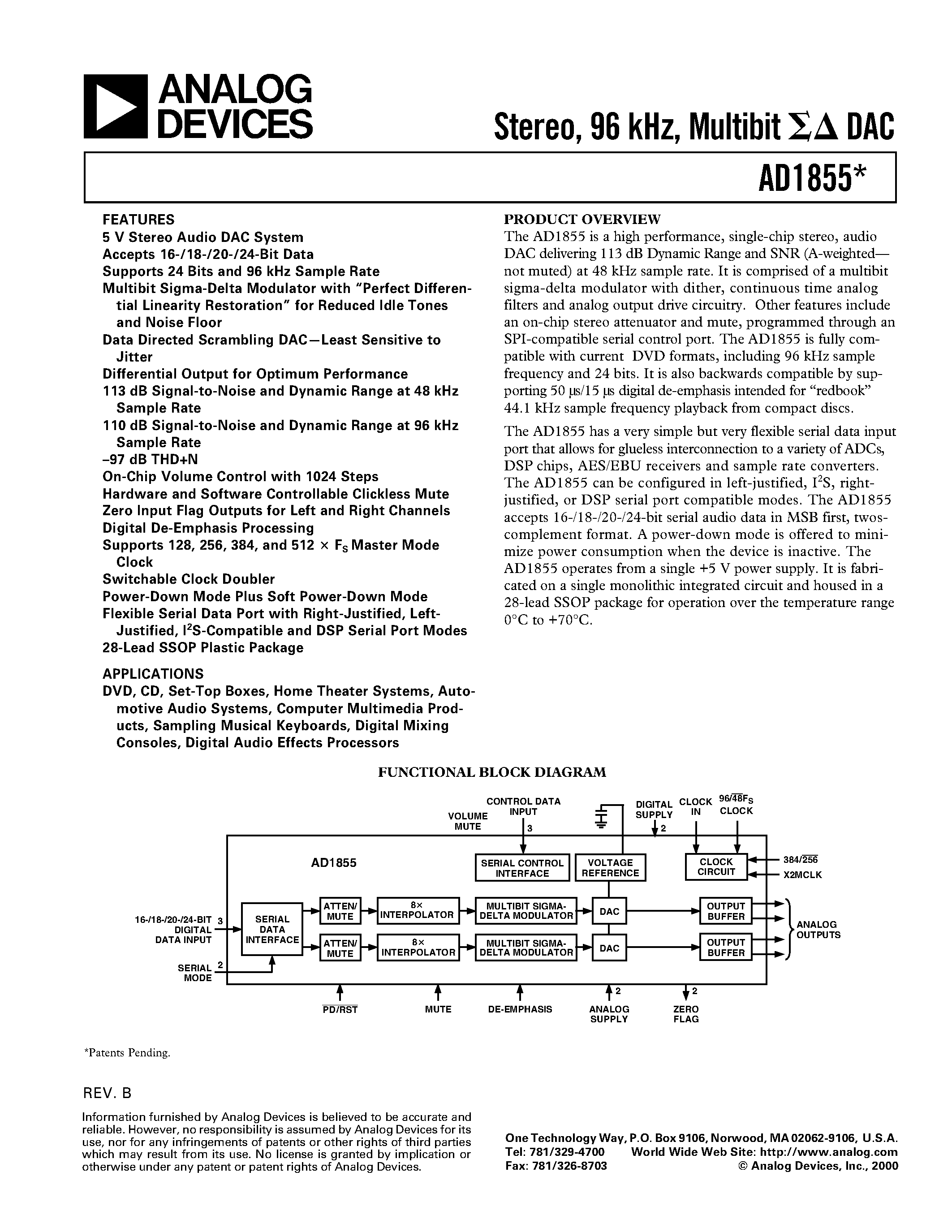Datasheet AD1855 - Stereo/ 96 kHz/ Multibit DAC page 1