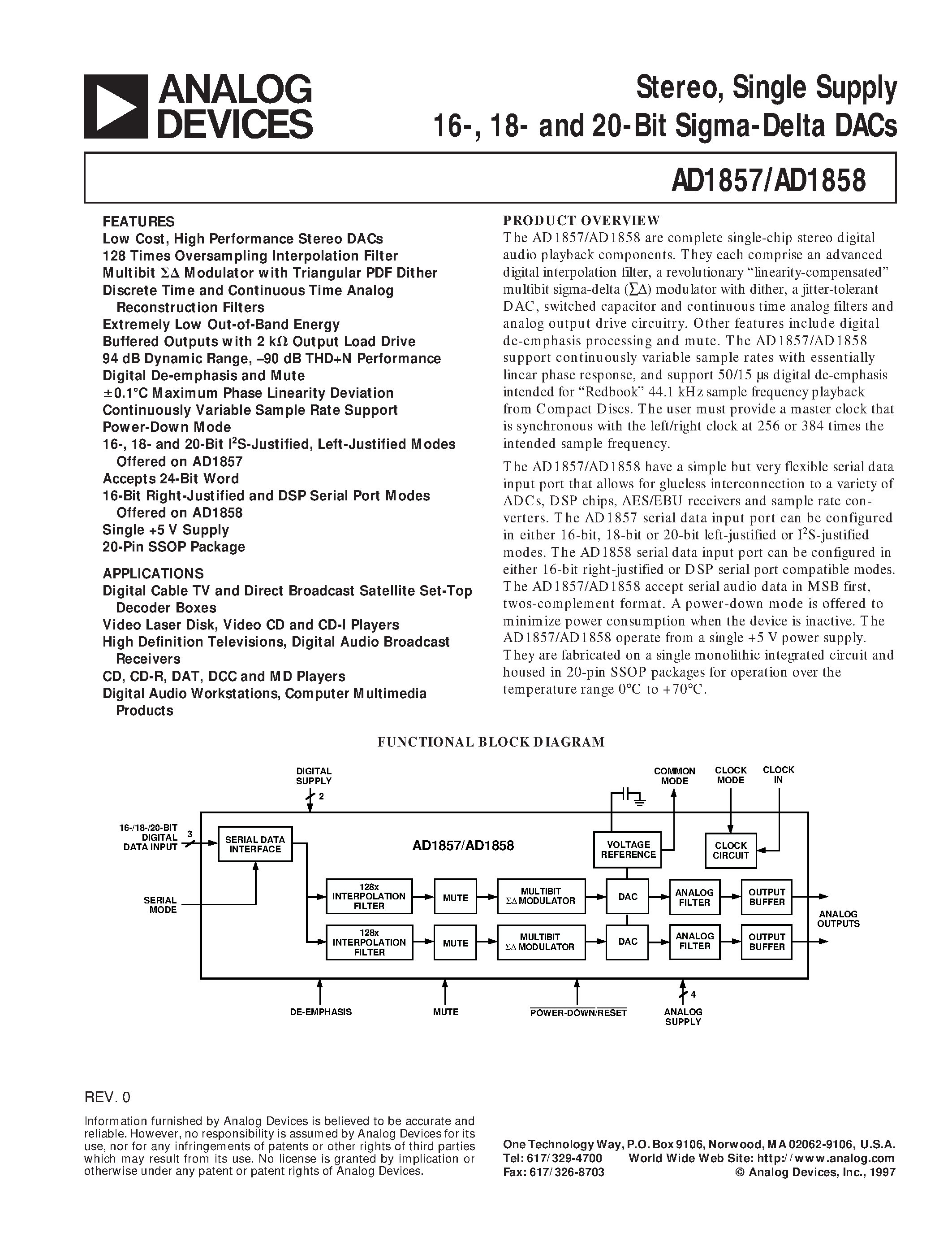 Datasheet AD1857JRS - Stereo/ Single Supply 16-/ 18- and 20-Bit Sigma-Delta DACs page 1