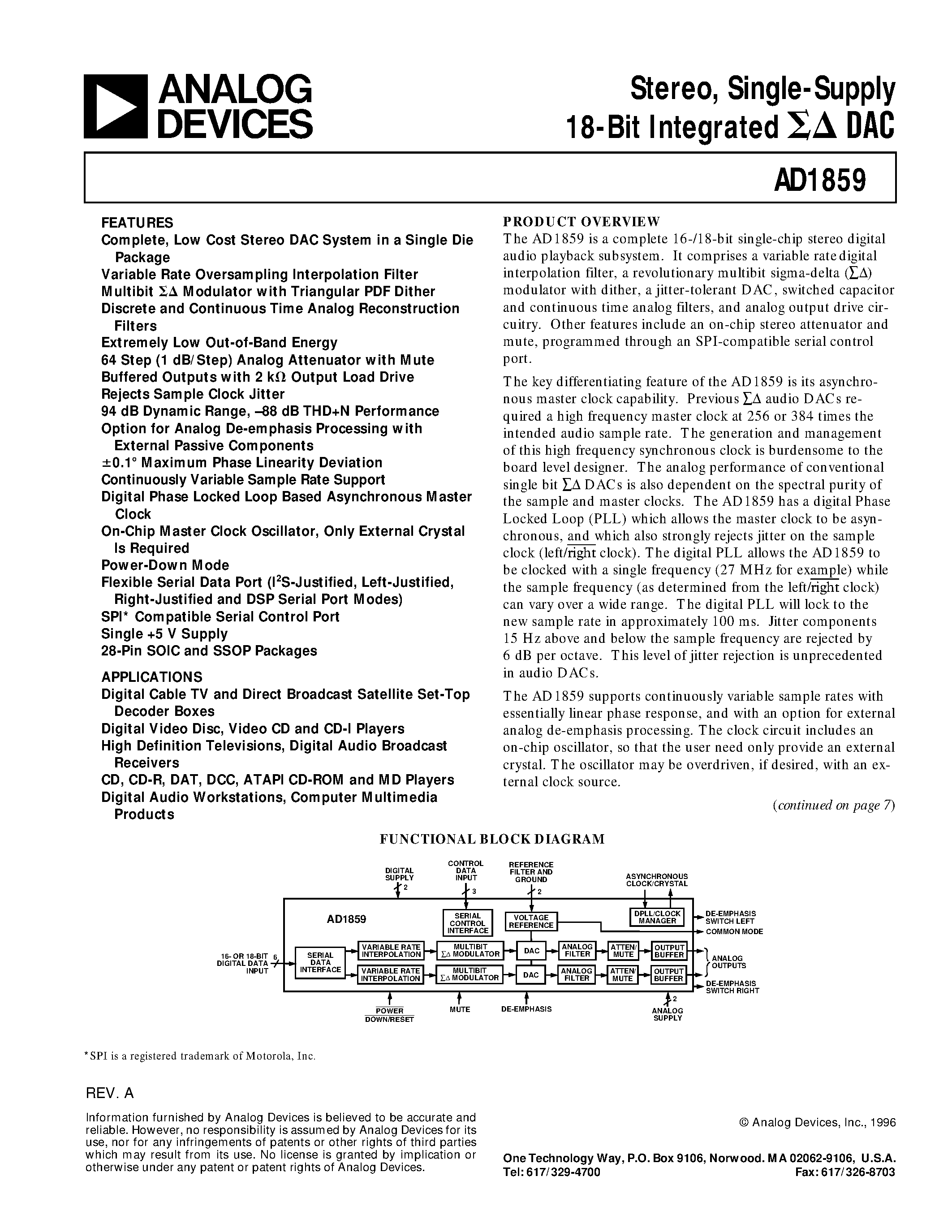 Datasheet AD1859 - Stereo/ Single-Supply 18-Bit Integrated DAC page 1