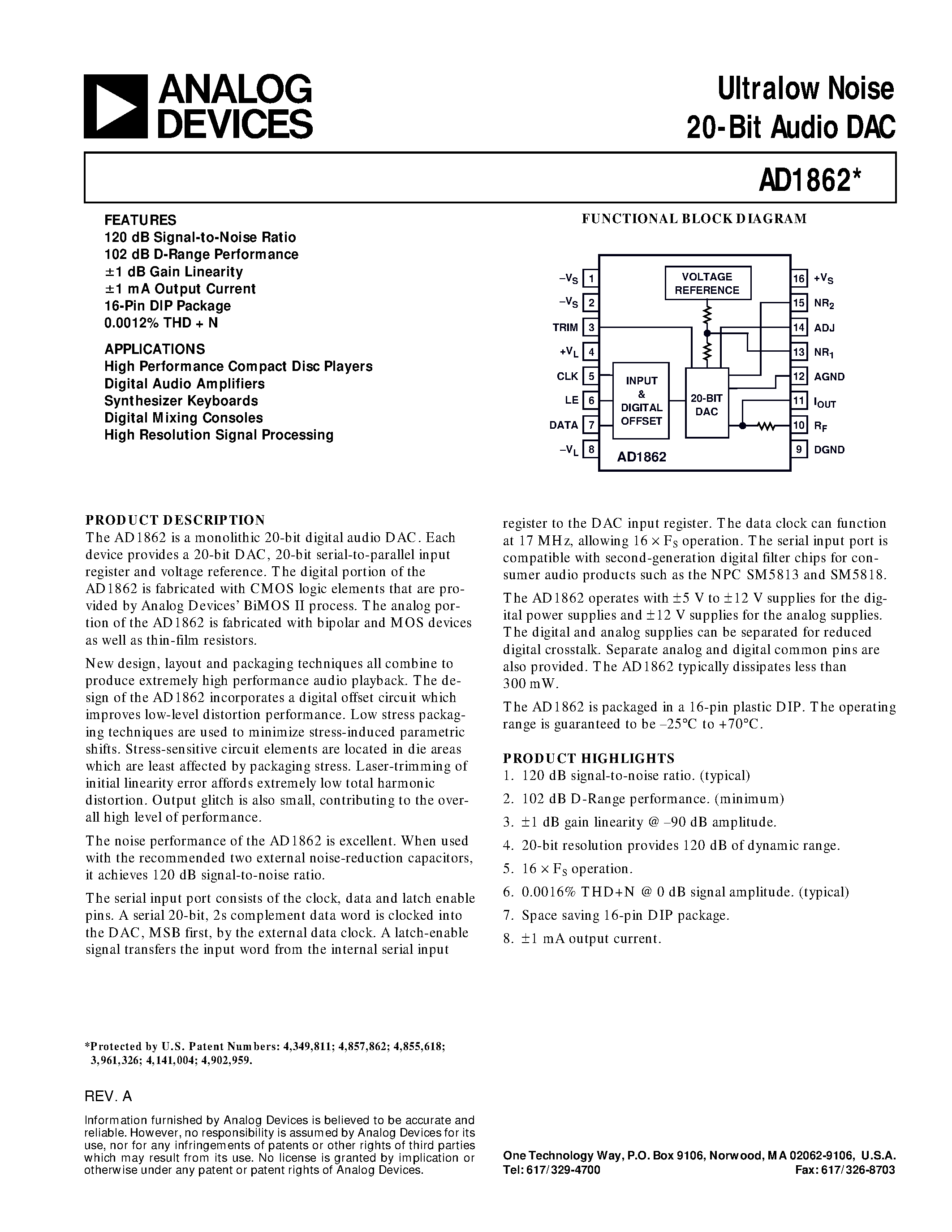 Datasheet AD1862N - Ultralow Noise 20-Bit Audio DAC page 1
