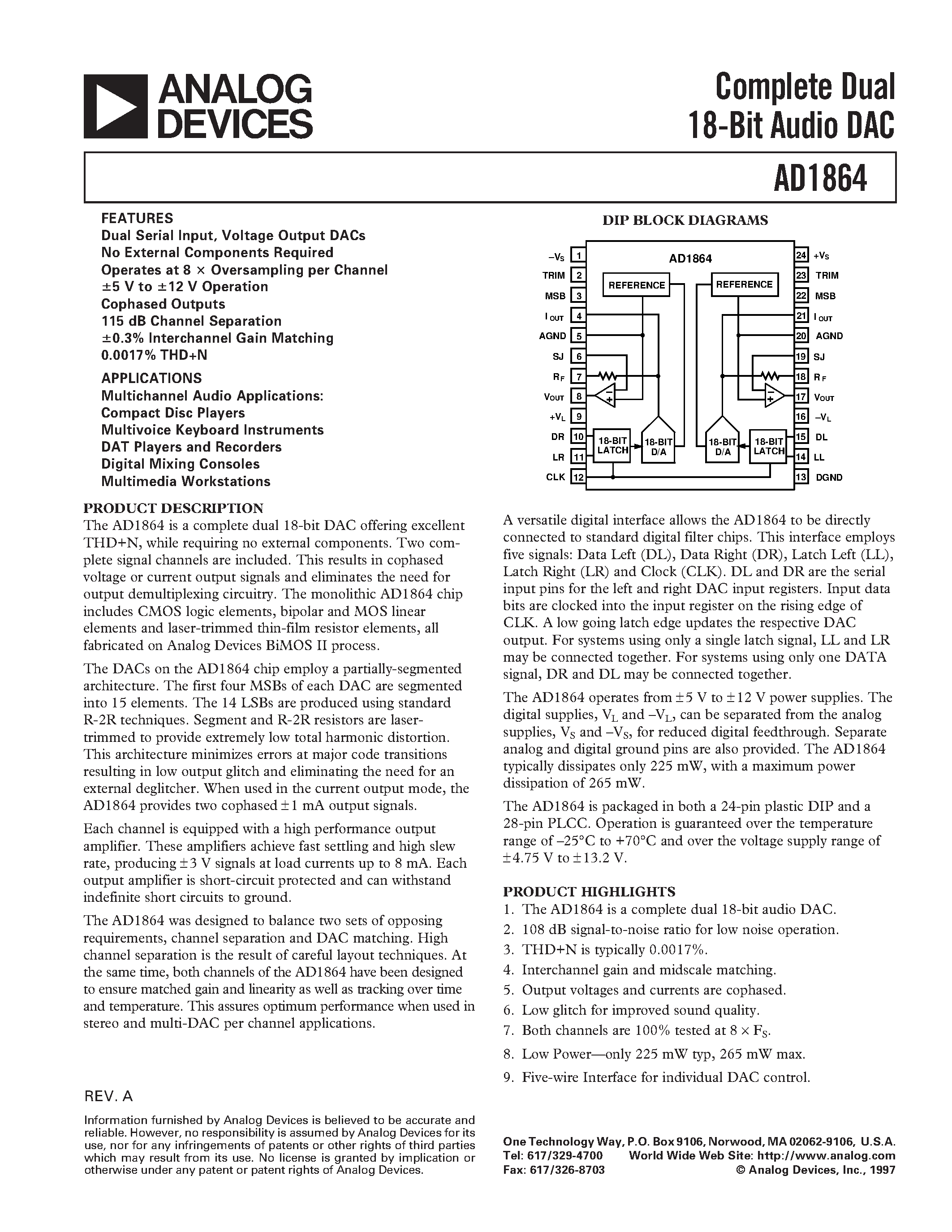 Datasheet AD1864 - Complete Dual 18-Bit Audio DAC page 1