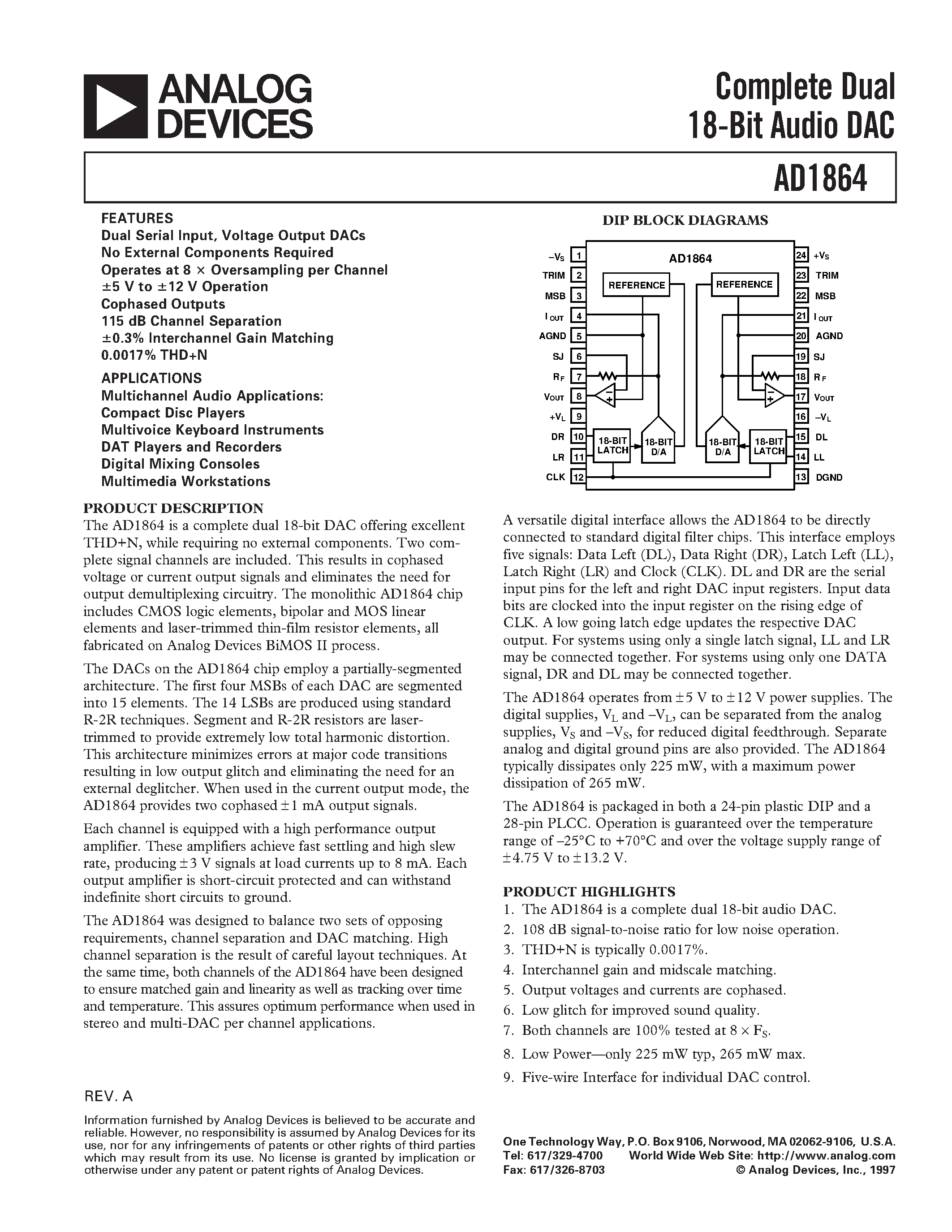 Datasheet AD1864N-J - Complete Dual 18-Bit Audio DAC page 1
