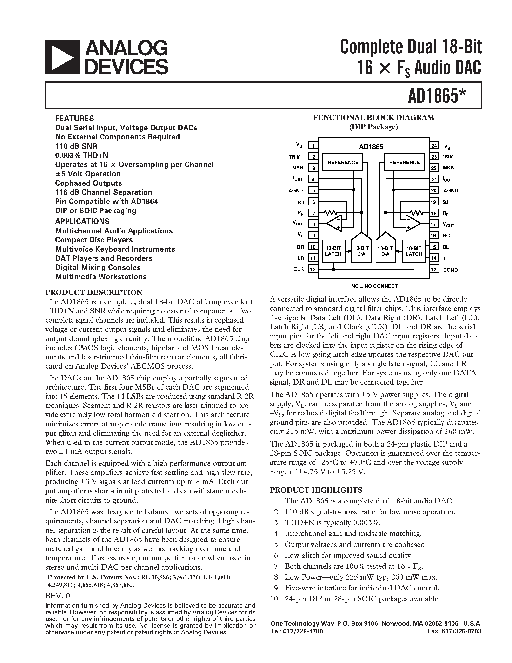 Datasheet AD1865N-J - Complete Dual 18-Bit 16 x Fs Audio DAC page 1