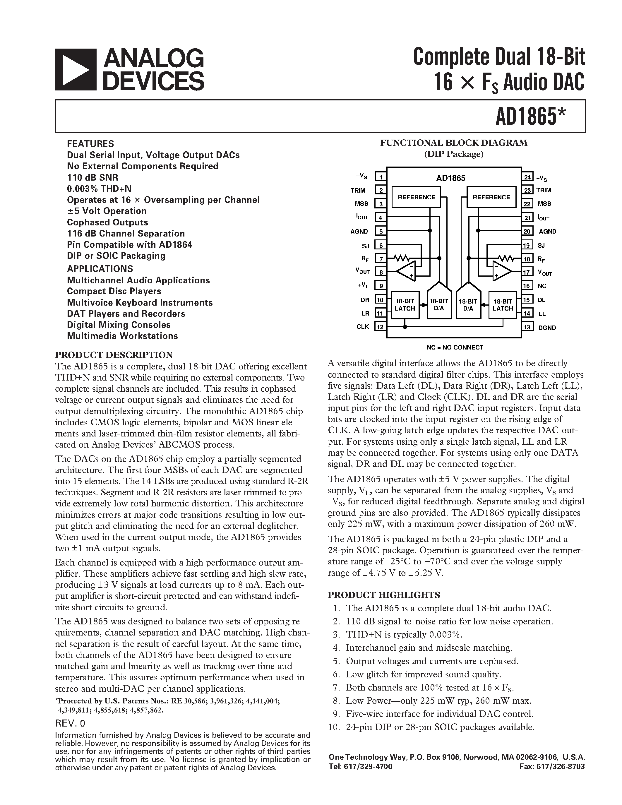 Datasheet AD1865R-J page 1 Datasheet AD1865R-J - Complete Dual 18-Bit 16 x Fs Audio DAC page 1