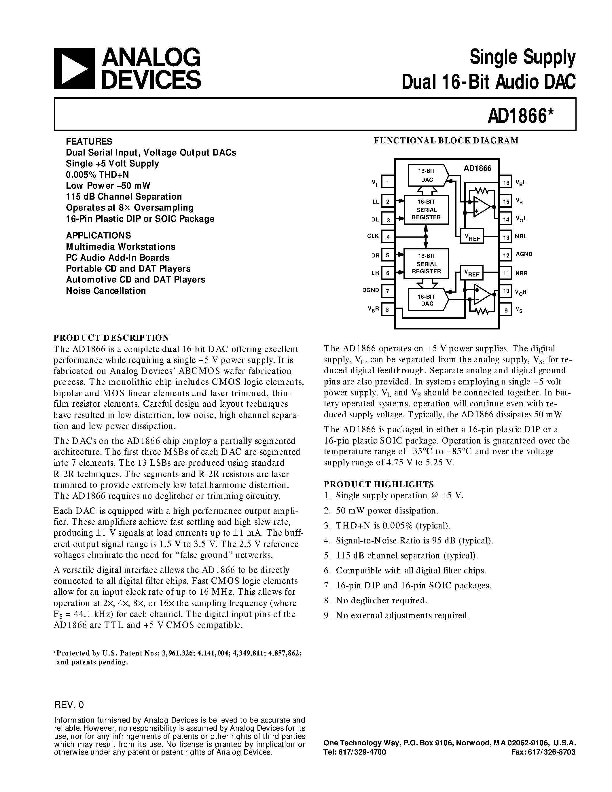 Datasheet AD1866N - Single Supply Dual 16-Bit Audio DAC page 1