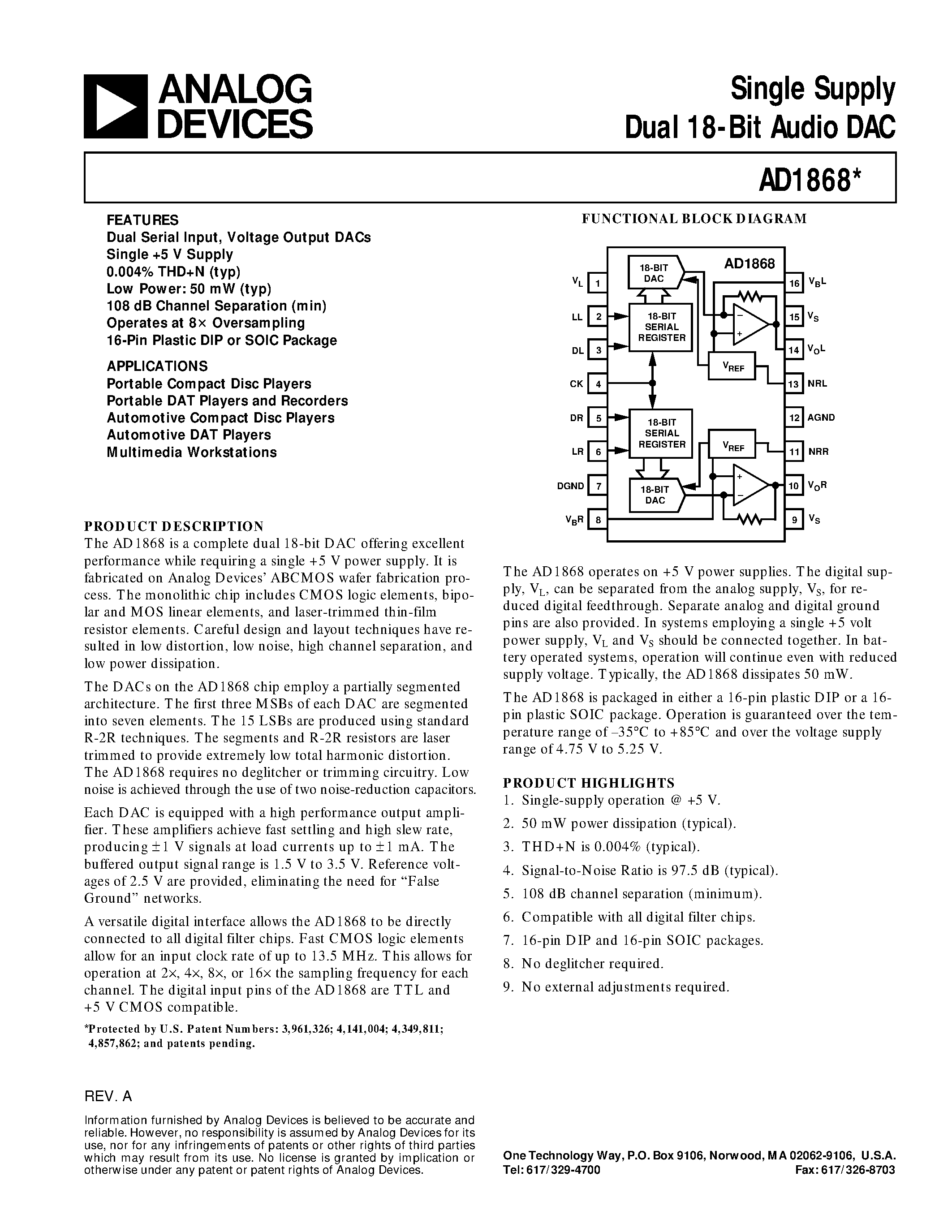 Даташит AD1868N-J - Single Supply Dual 18-Bit Audio DAC страница 1