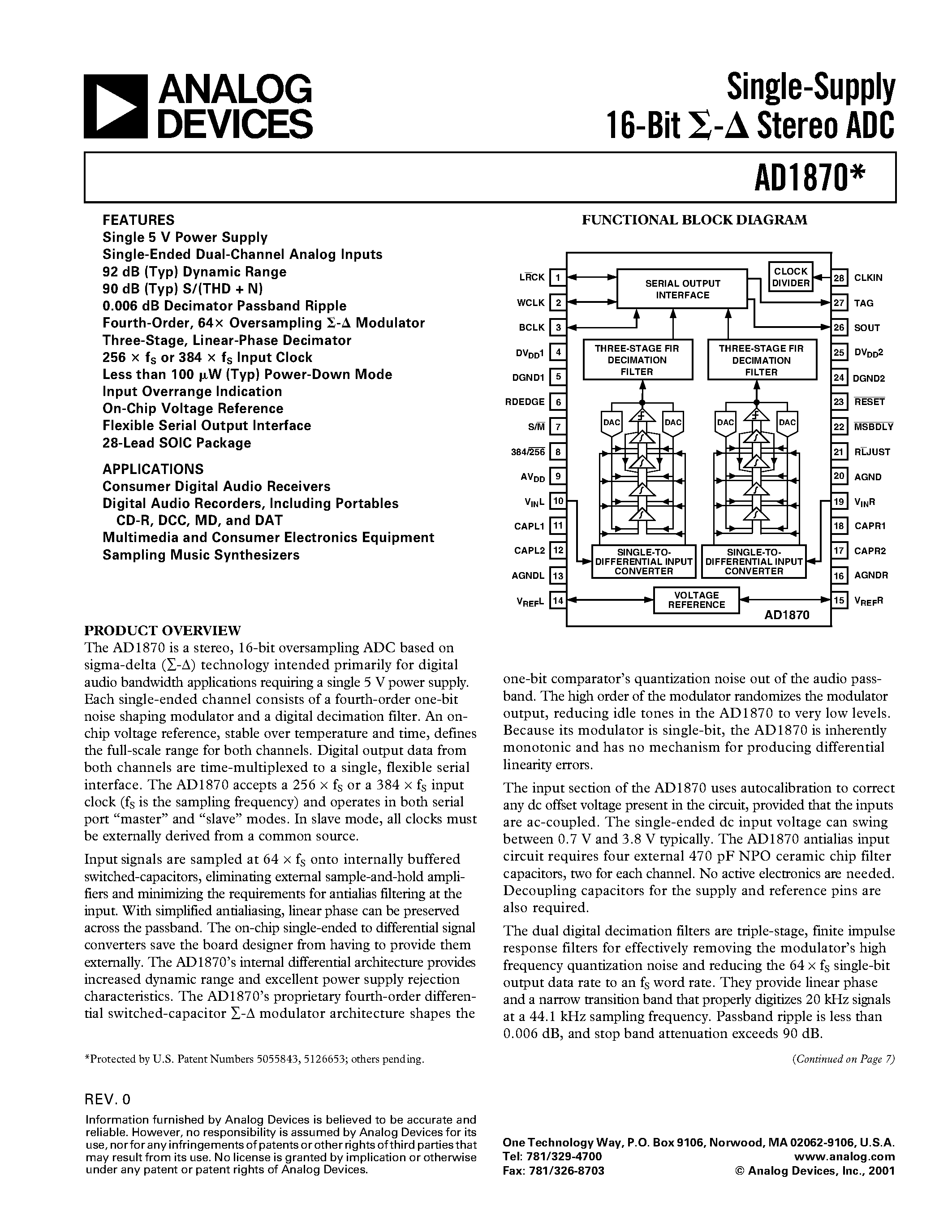 Datasheet AD1870 page 1 Datasheet AD1870 - Single-Supply 16-Bit Stereo ADC page 1