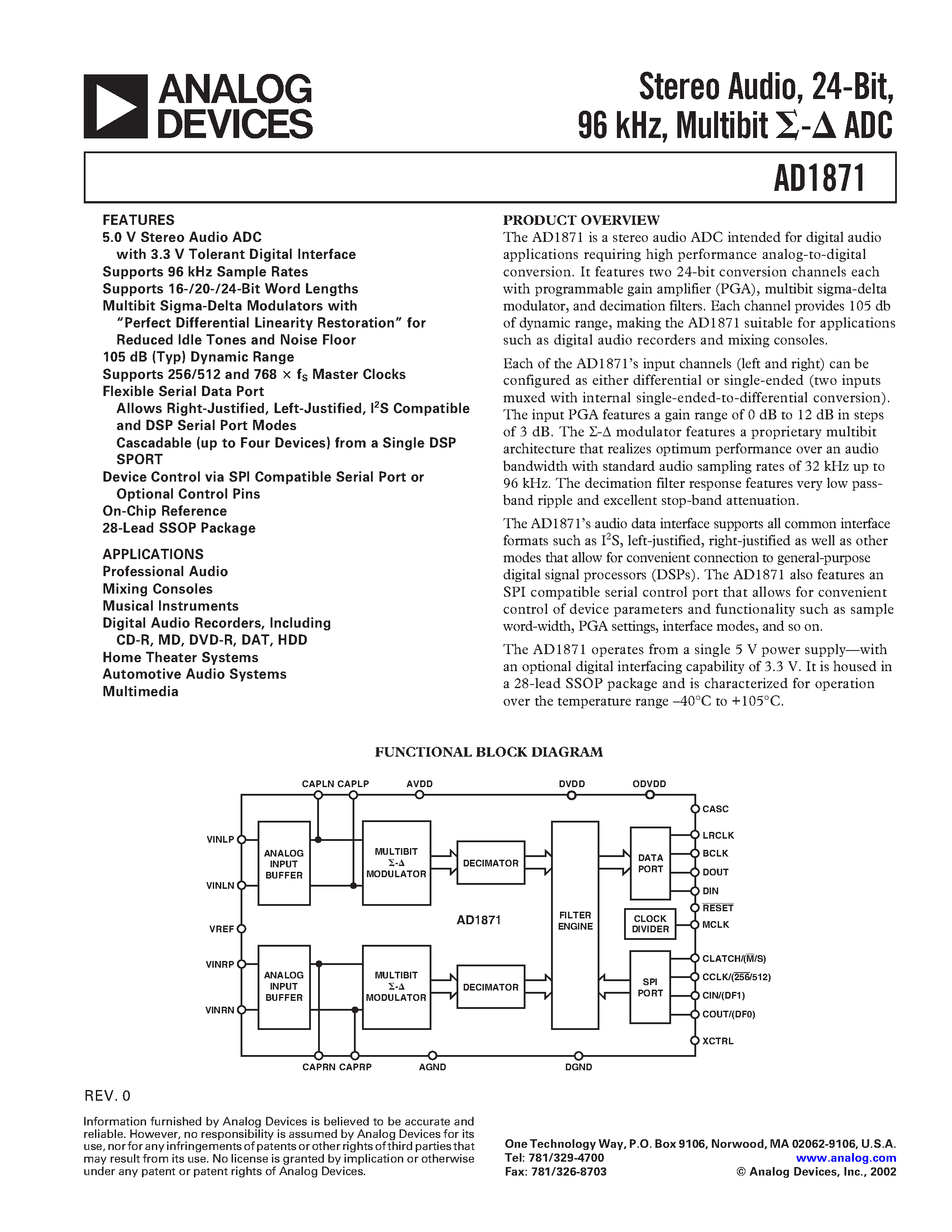 Datasheet AD1871YRS-REEL - Stereo Audio/ 24-Bit/ 96 kHz/ Multibit ADC page 1