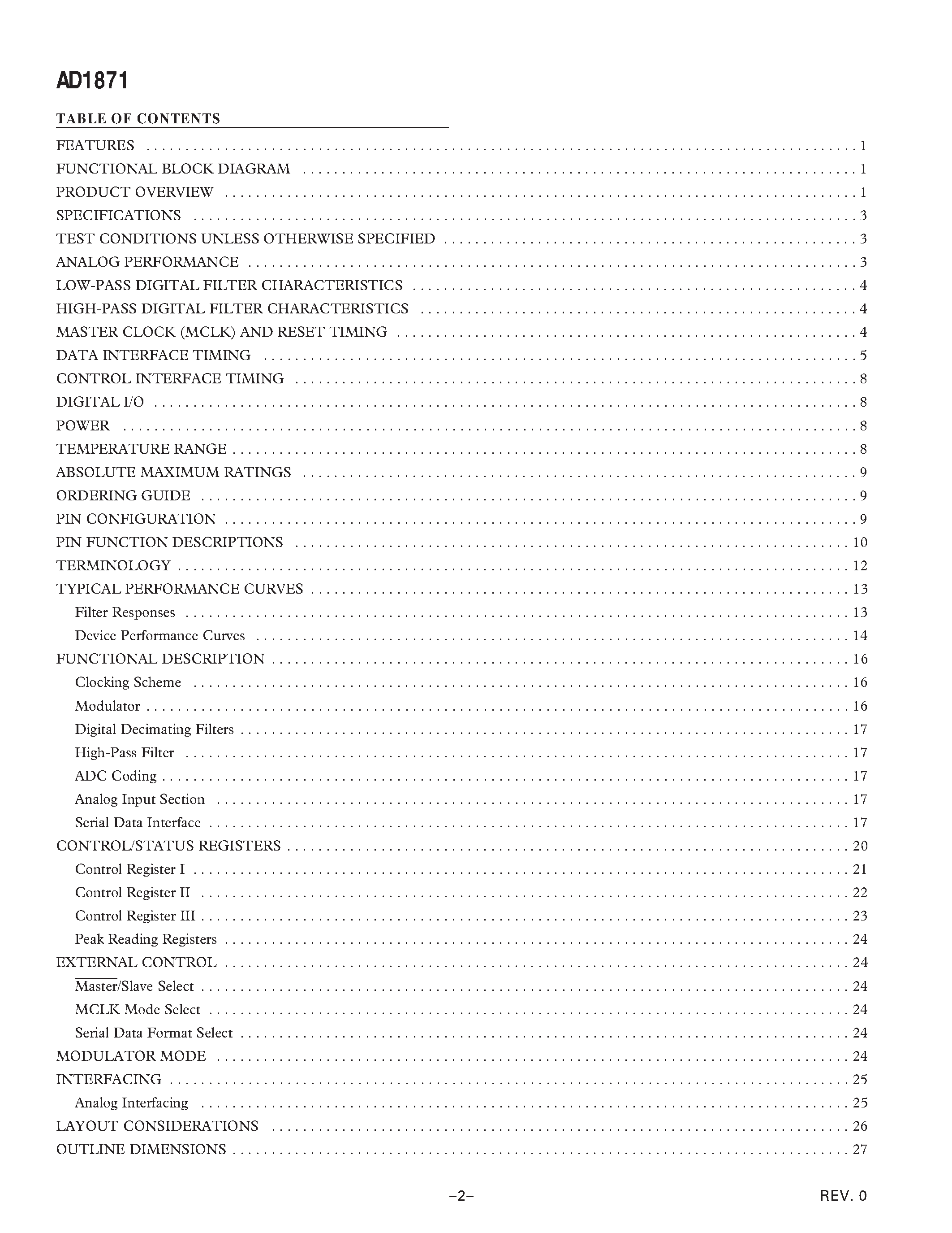 Datasheet AD1871YRS-REEL - Stereo Audio/ 24-Bit/ 96 kHz/ Multibit ADC page 2