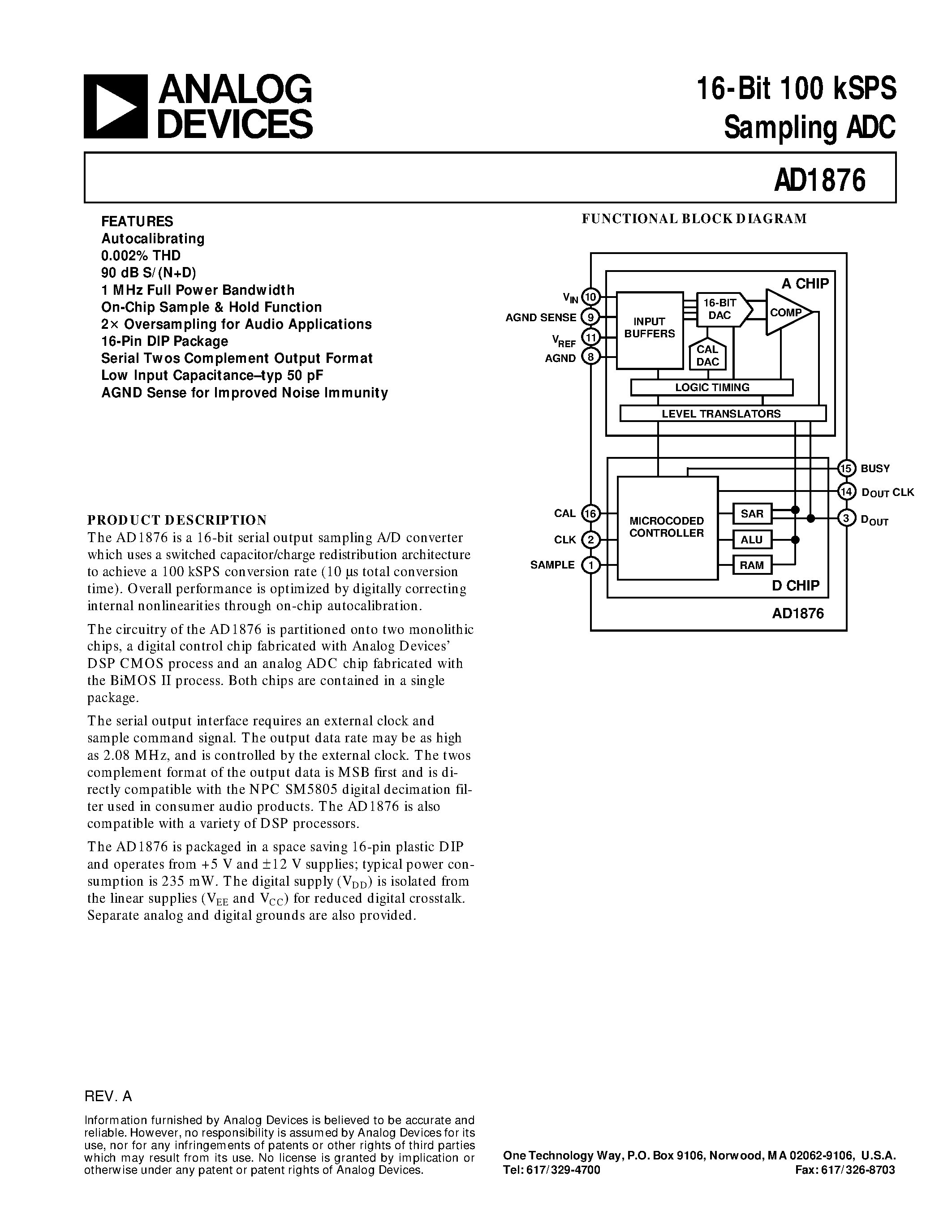 Datasheet AD1876 - 16-Bit 100 kSPS Sampling ADC page 1