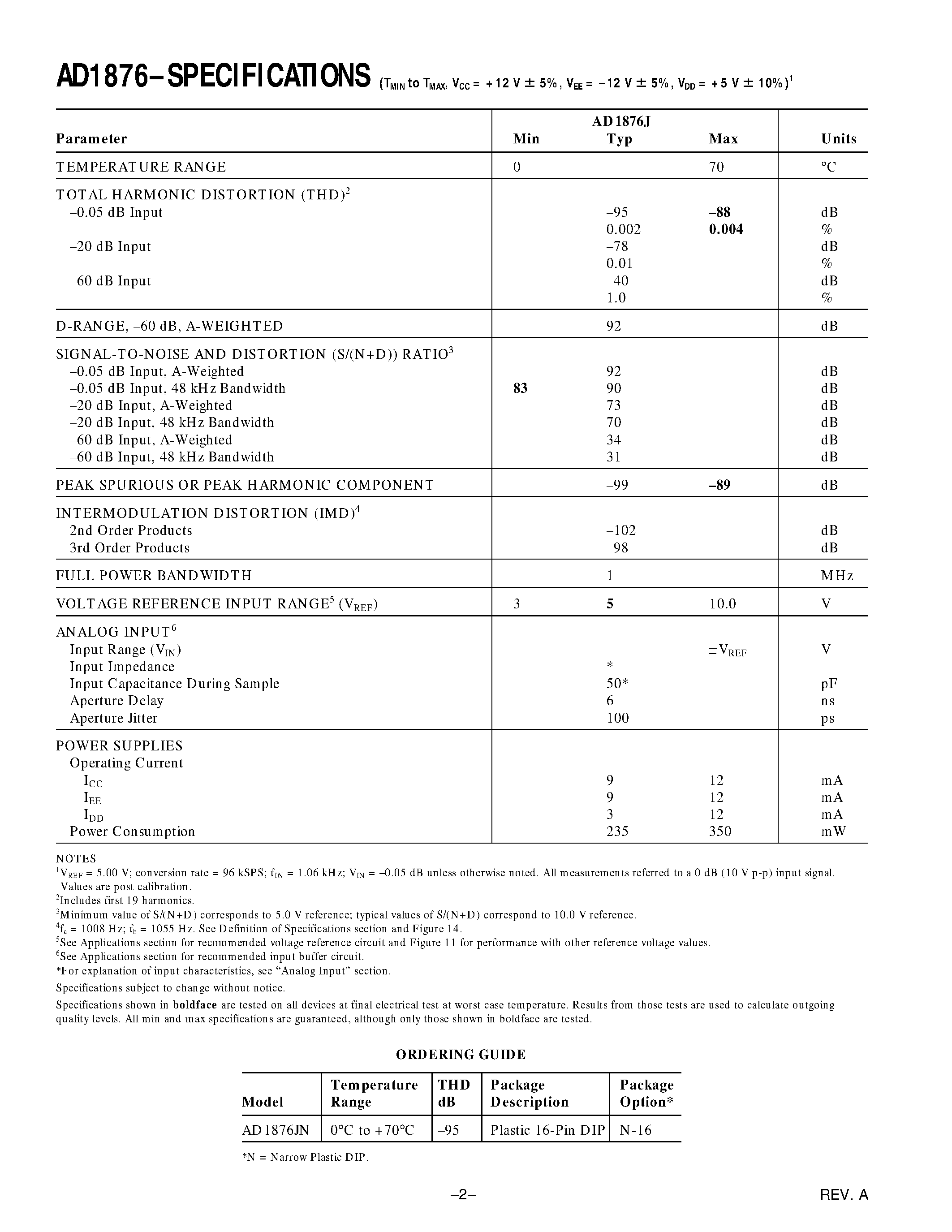 Datasheet AD1876JN - 16-Bit 100 kSPS Sampling ADC page 2