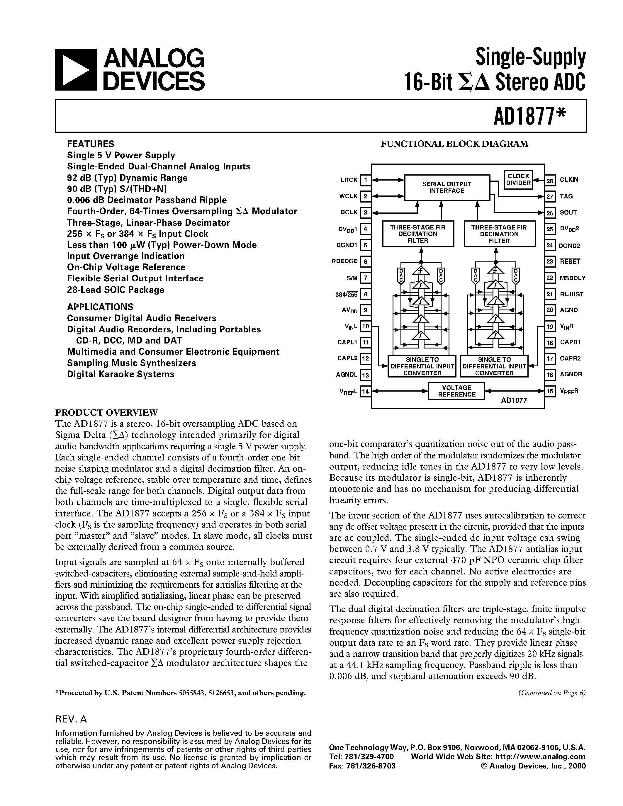 Datasheet AD1877 - Single-Supply 16-Bit Stereo ADC page 1