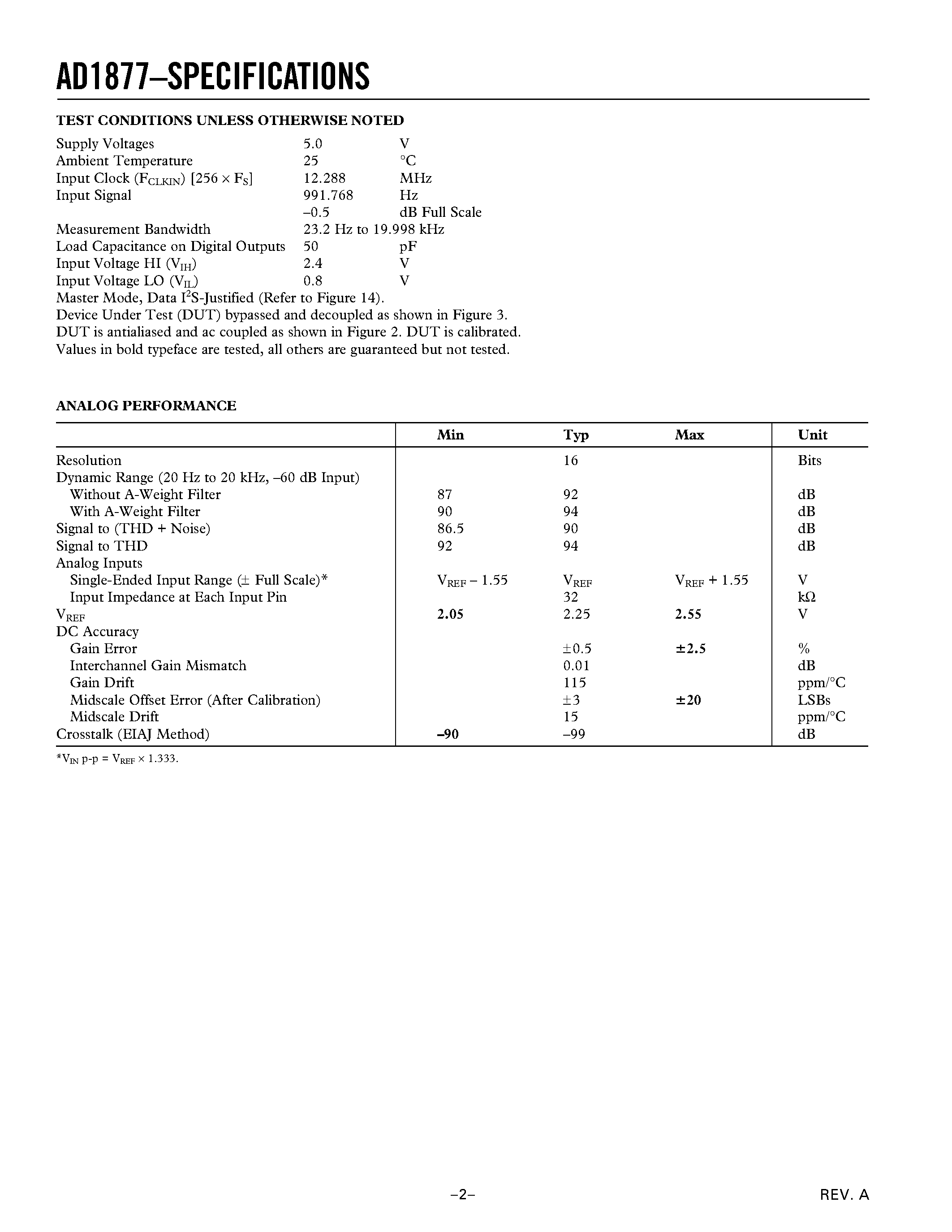 Datasheet AD1877JR - Single-Supply 16-Bit Stereo ADC page 2