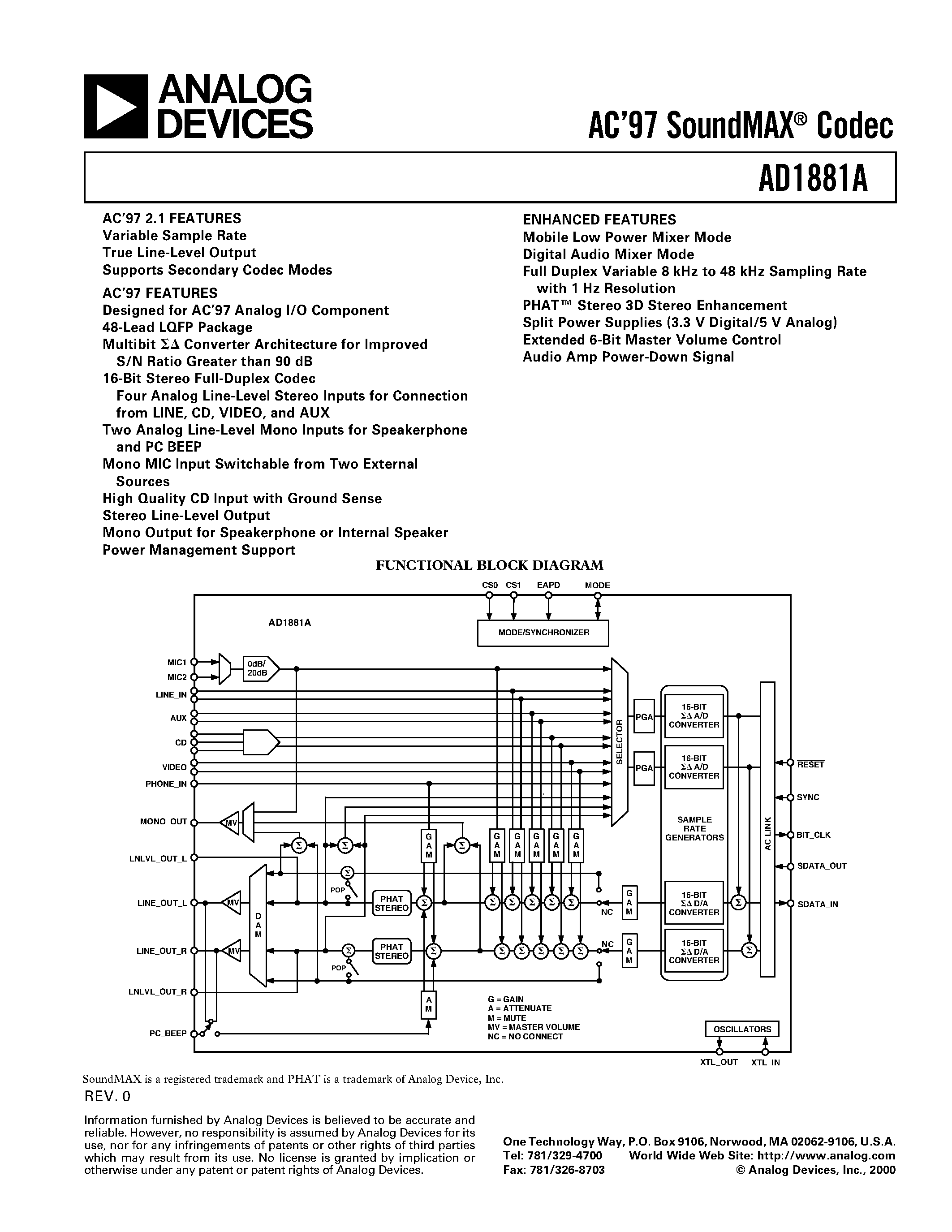 Datasheet AD1885 - AC97 SoundMAX Codec page 1