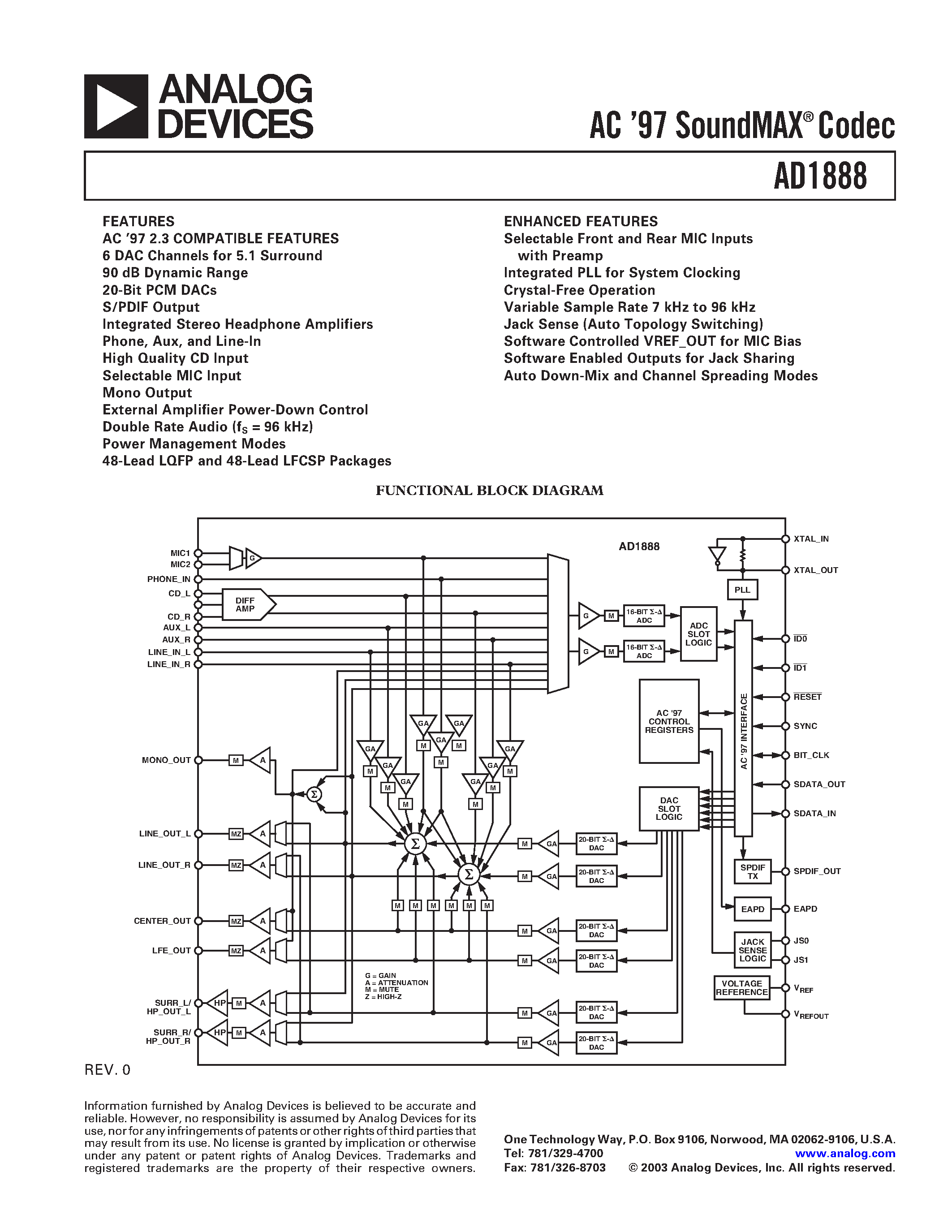 Datasheet AD1888JCP-REEL - AC 97 SoundMAX Codec page 1