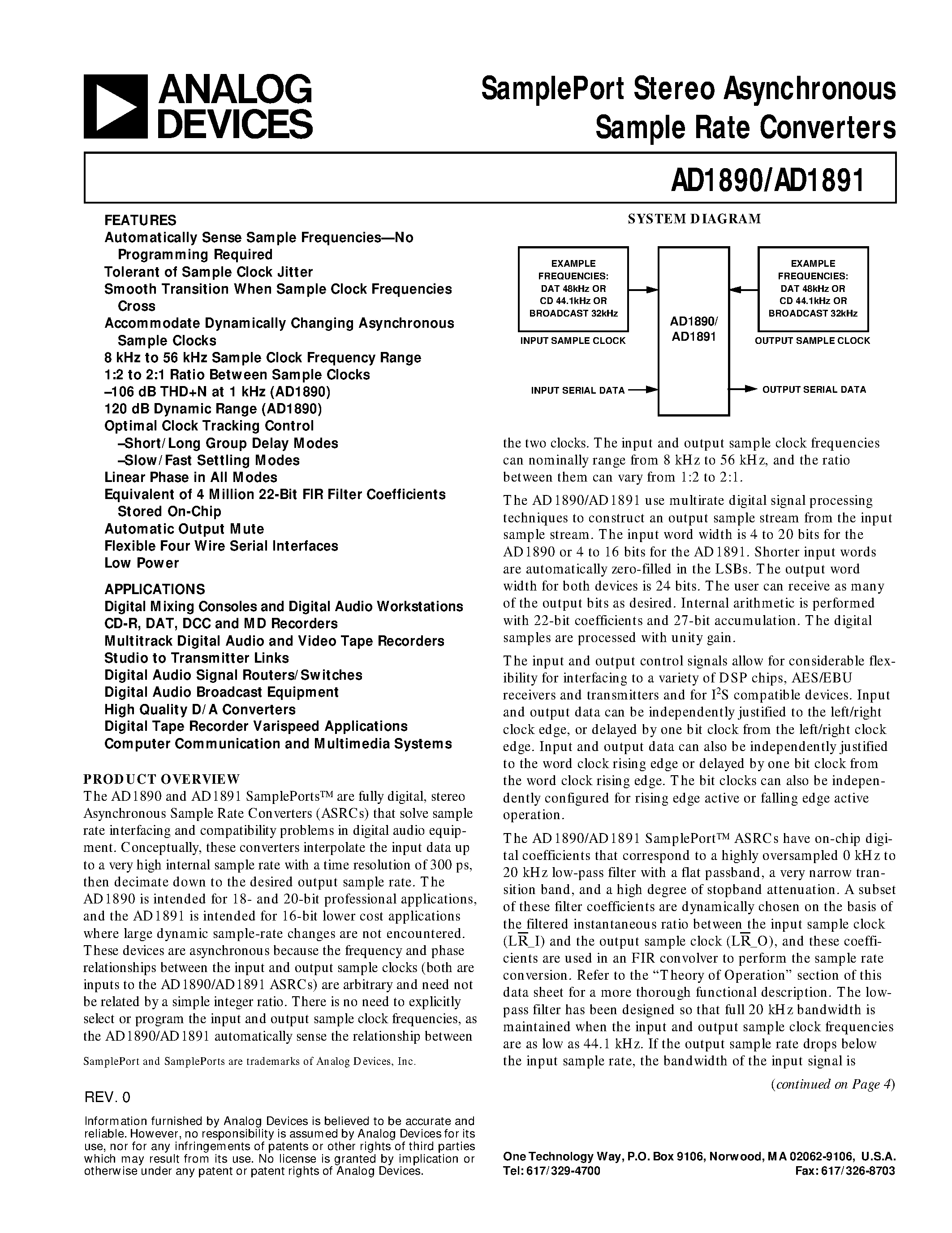 Datasheet AD1890JP - SamplePort Stereo Asynchronous Sample Rate Converters page 1