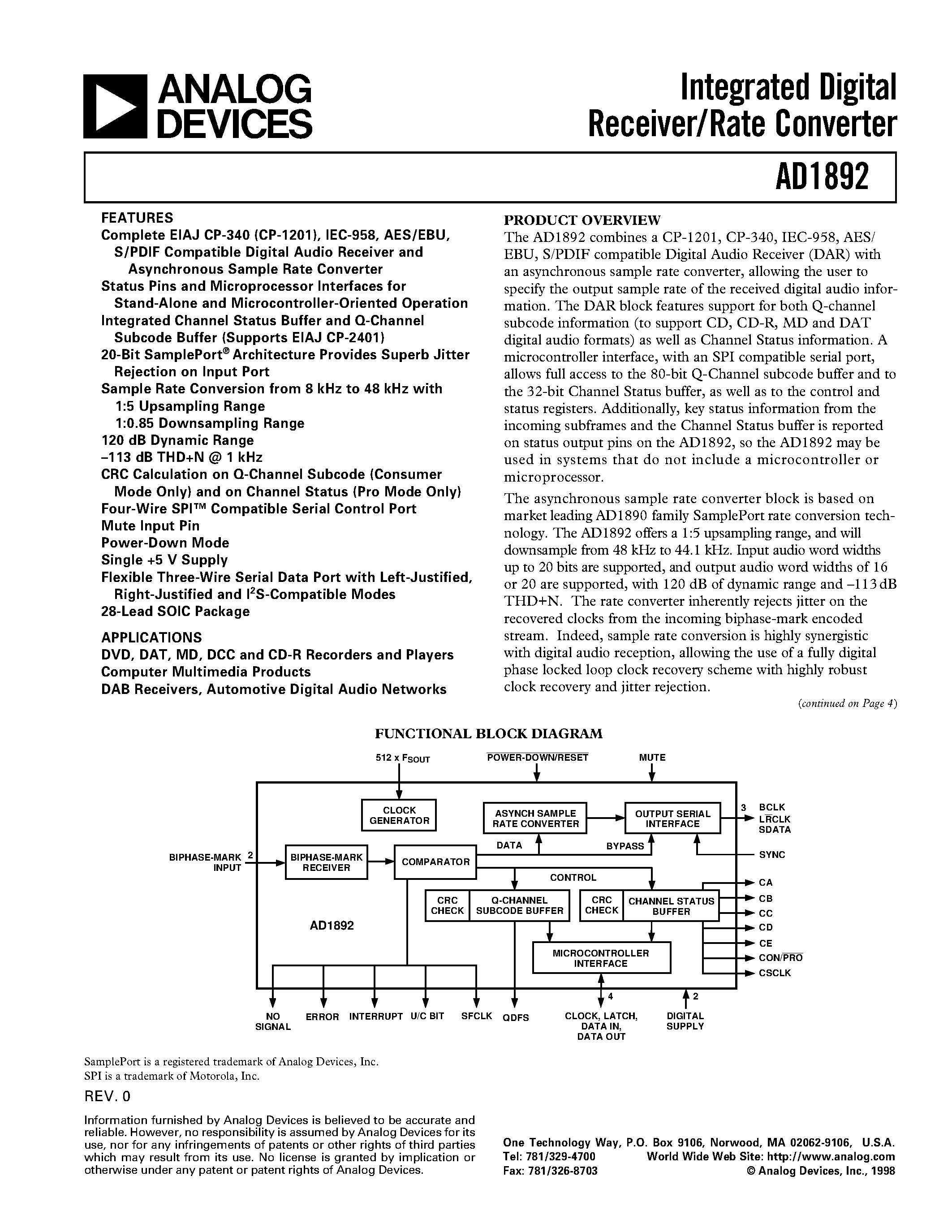 Datasheet AD1892JR - Integrated Digital Receiver/Rate Converter page 1