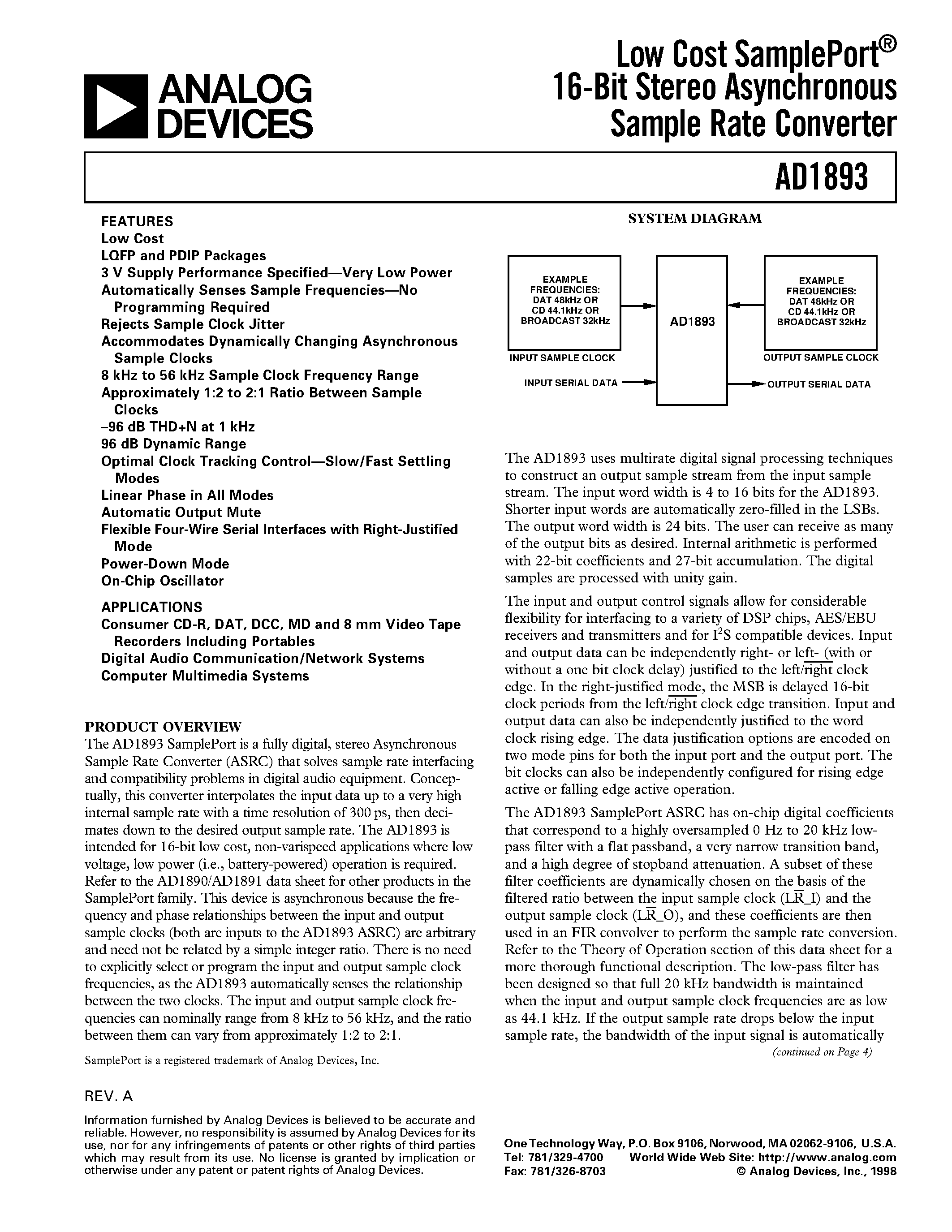 Datasheet AD1893JST page 1 Datasheet AD1893JST - Low Cost SamplePort 16-Bit Stereo Asynchronous Sample Rate Converter page 1