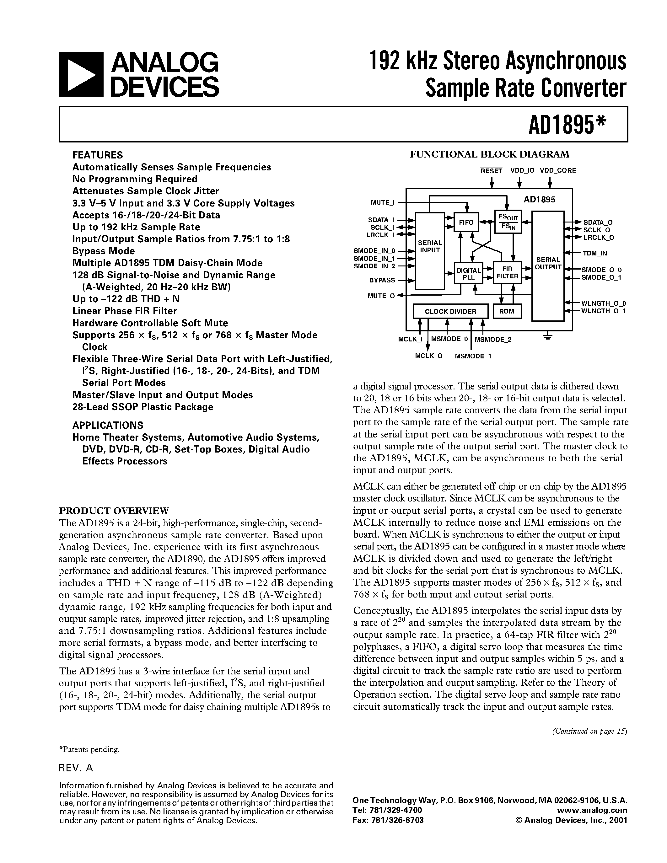 Datasheet AD1895YRSRL - 192 kHz Stereo Asynchronous Sample Rate Converter page 1