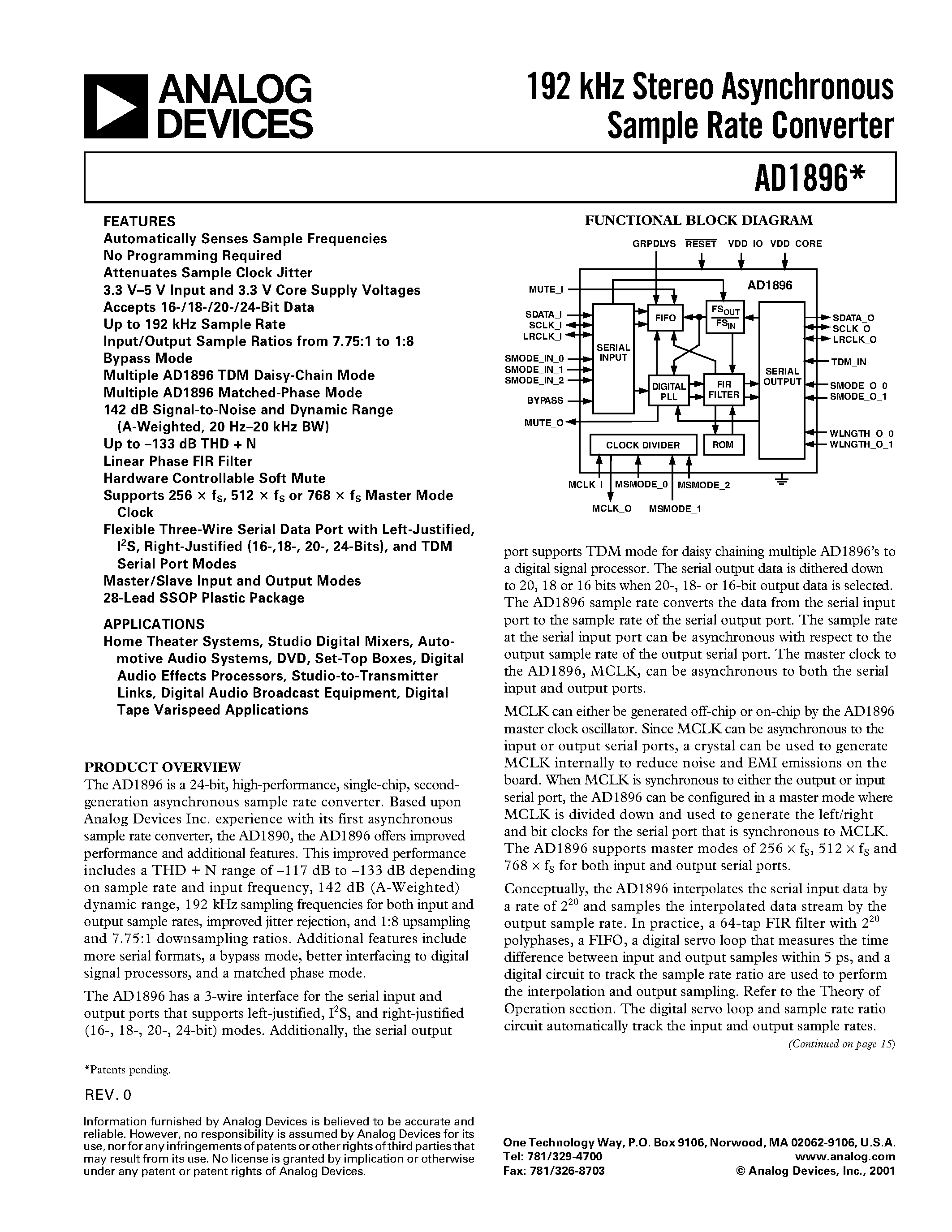Datasheet AD1896YRSRL page 1 Datasheet AD1896YRSRL - 192 kHz Stereo Asynchronous Sample Rate Converter page 1